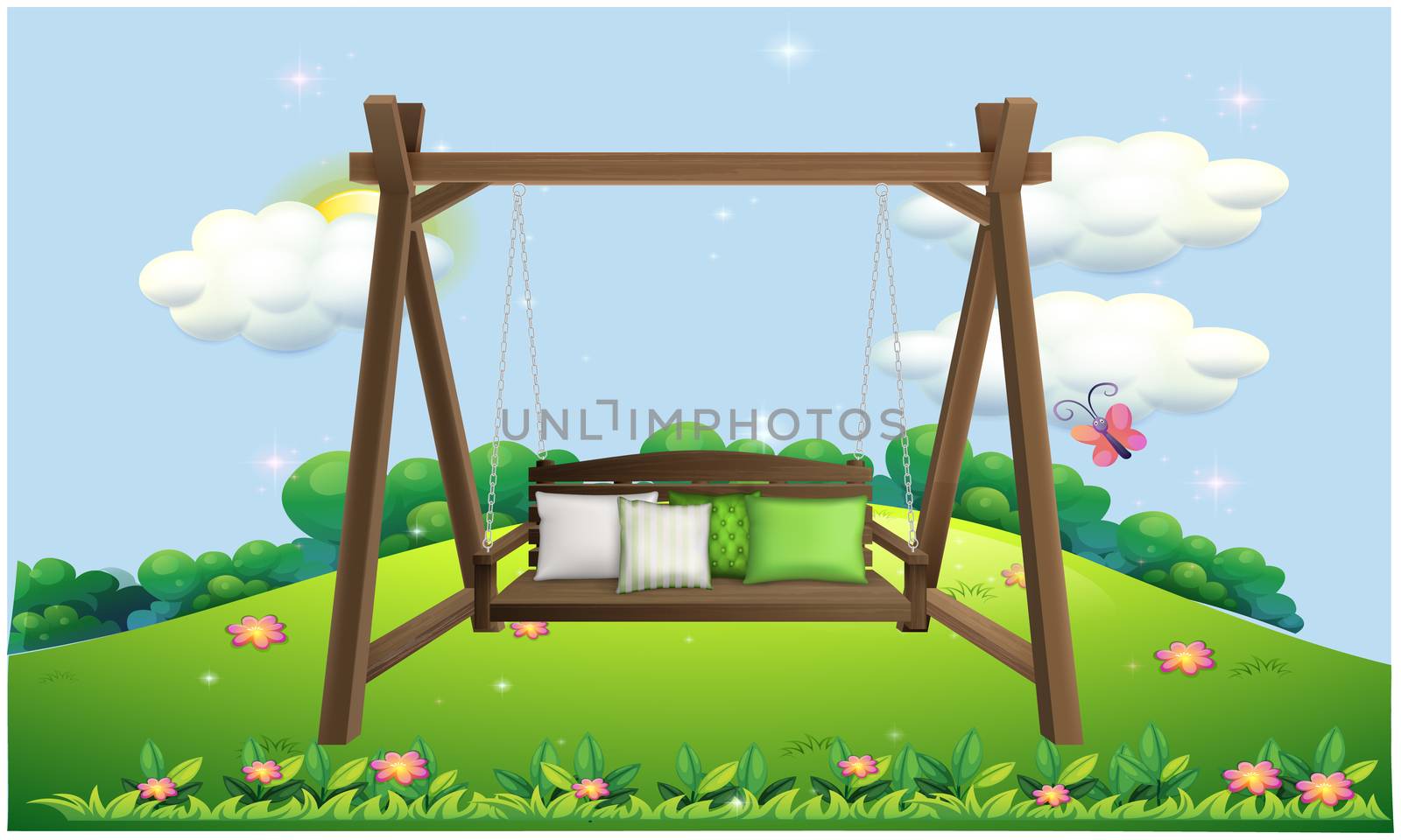 mock up illustration of hanging wooden chair with cushion in a garden