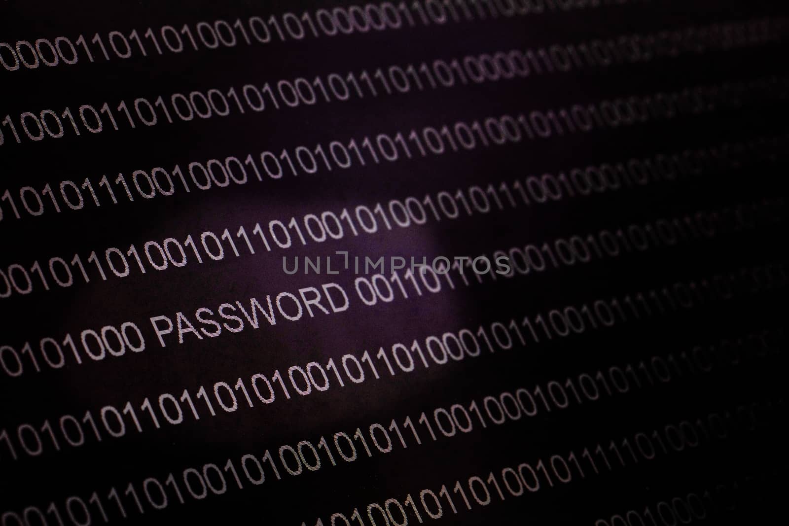 Binary code, password on LCD-screen, selective focus