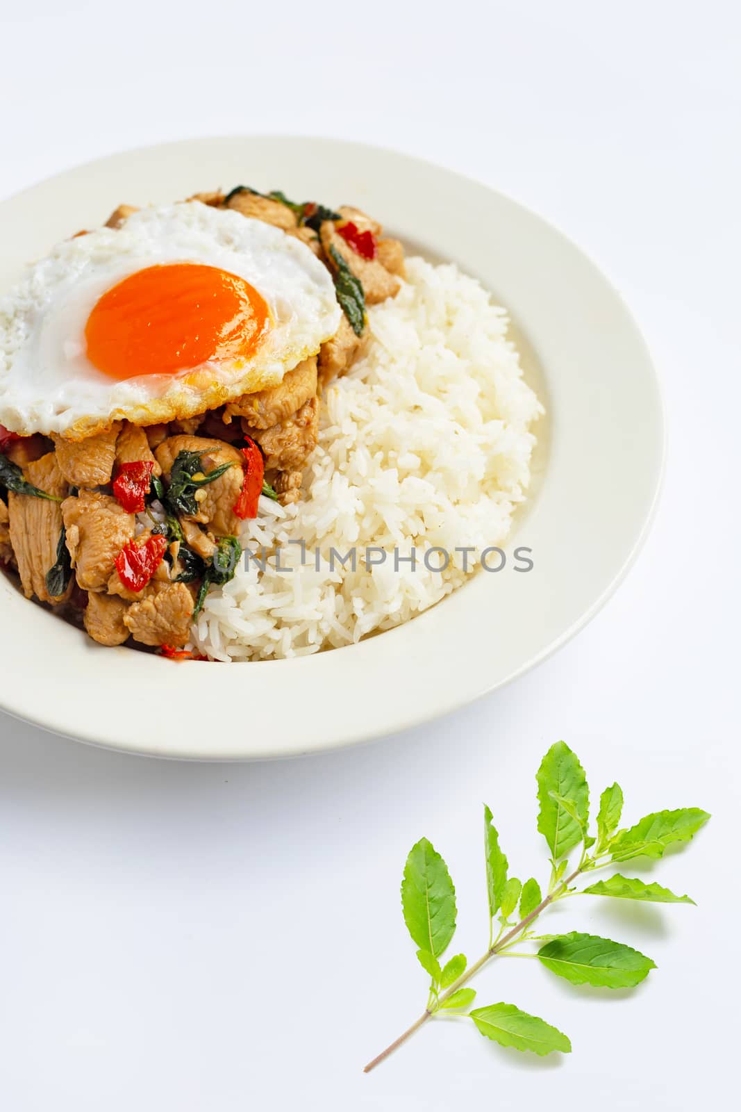 Rice topped with stir-fried chicken and holy basil, fried egg by Bowonpat