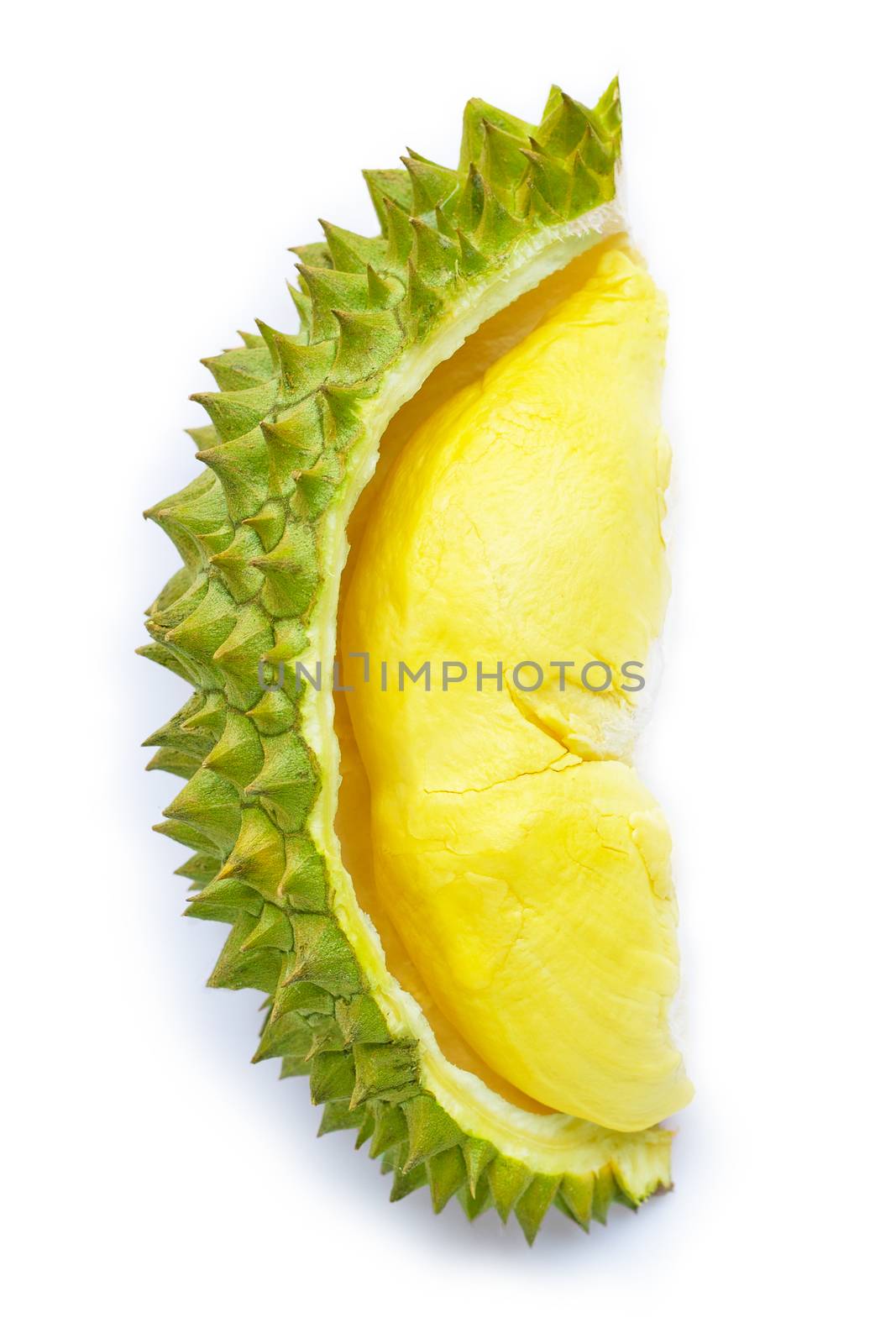 Fresh ripe cut durian on white.  by Bowonpat