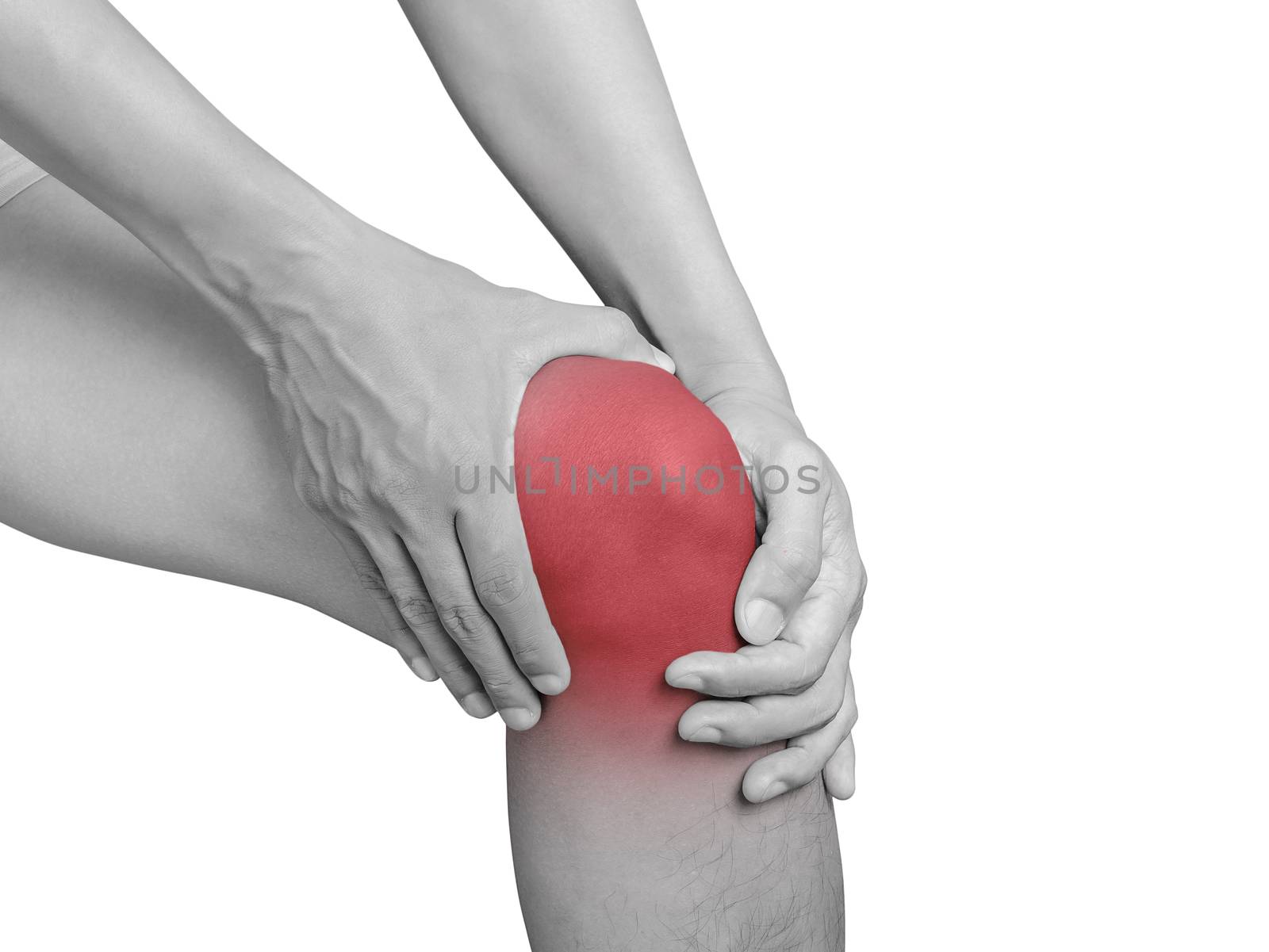 man suffering from knee pain, joint pains. mono tone highlight at knee isolated on white background. health care and medical concept by asiandelight
