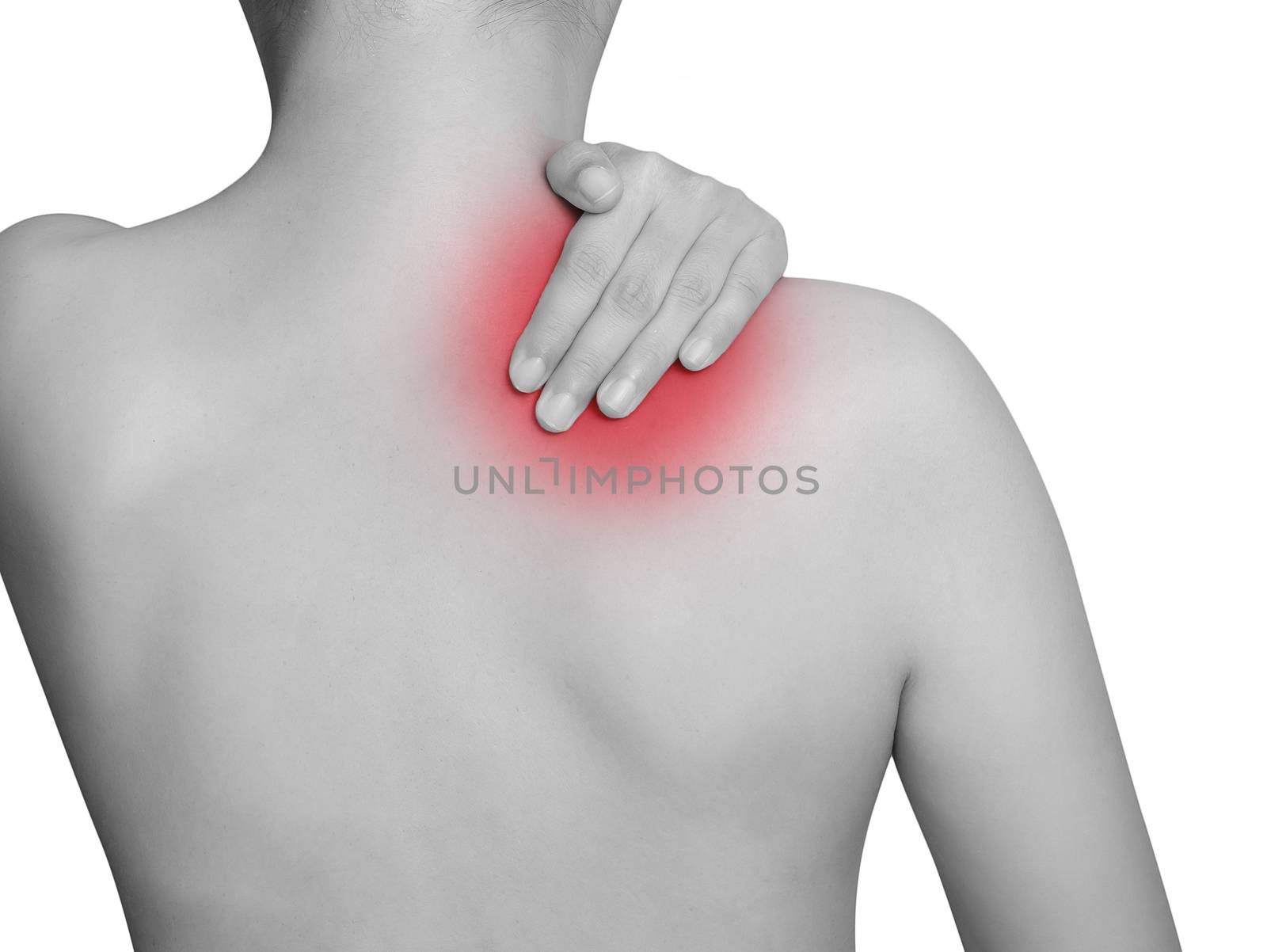 woman suffering from neck pain, shoulder pain. mono tone color highlight at neck and shoulder isolated on white background. health care and medical concept by asiandelight