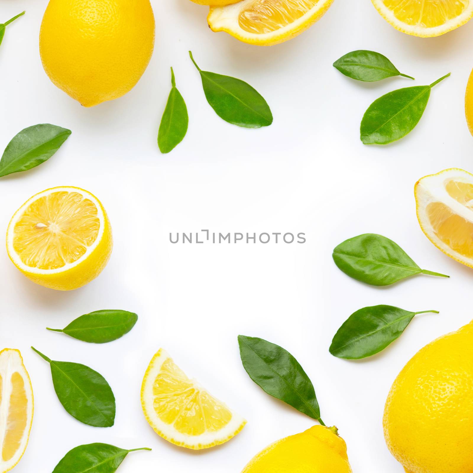 Frame made of fresh lemon and  slices with leaves isolated on wh by Bowonpat