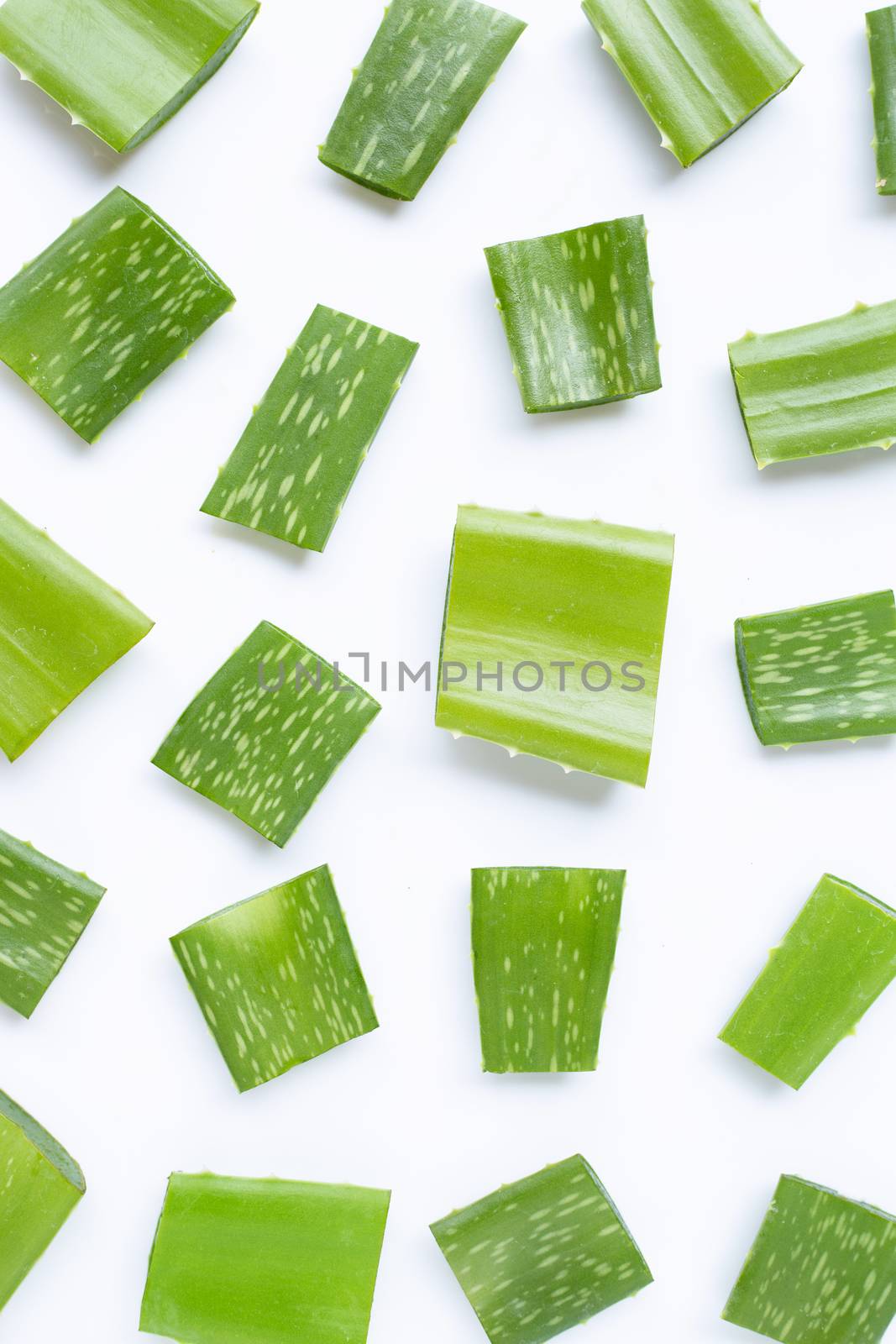 Aloe vera is a popular medicinal plant for health and beauty, on a white background.