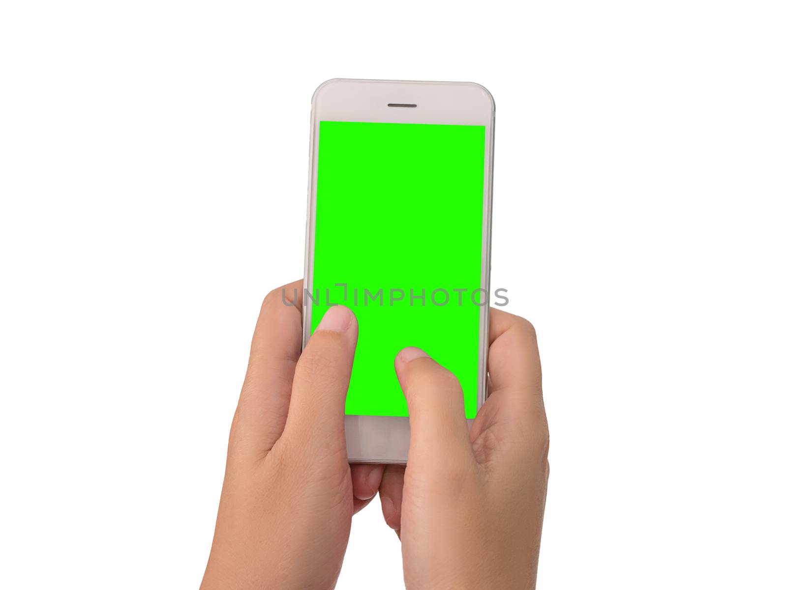 woman send text on mobile phone with green screen isolated on white background with clipping path. women hand holding a modern smartphone and typing with finger. green screen to put your own message by asiandelight