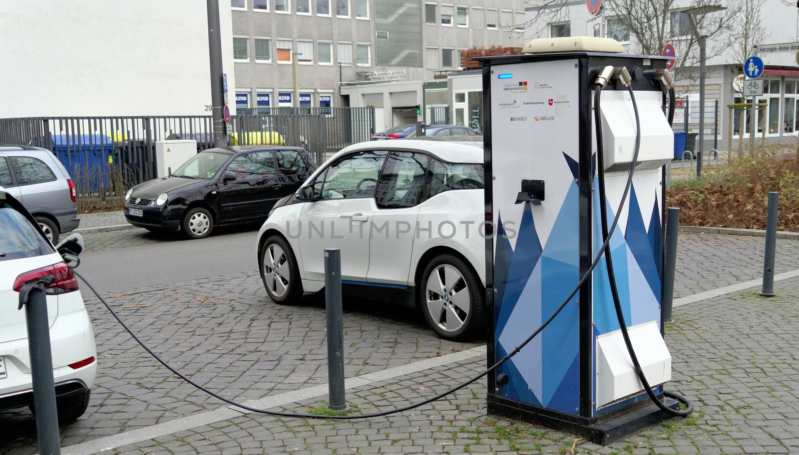 Brunswick, Lower Saxony, Germany, January 27,2018: Charging station for electric cars in Brunswick, Germany.