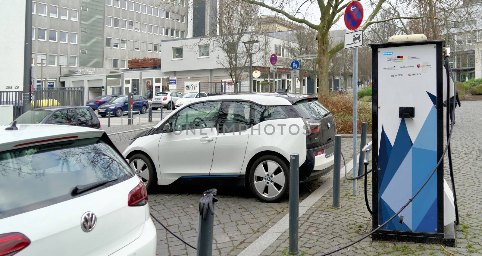 Brunswick, Lower Saxony, Germany, January 27,2018: Charging station for electric cars in Brunswick, Germany.