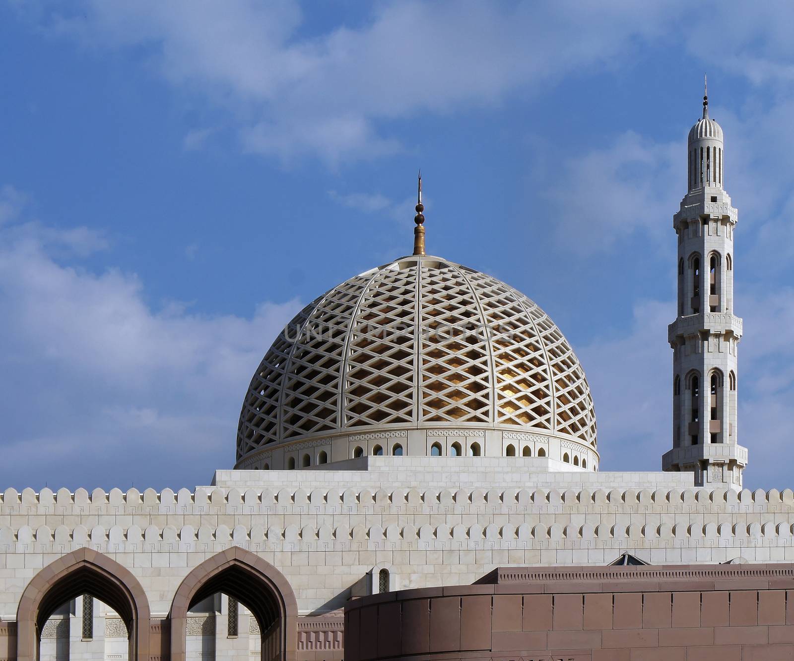 Muscat, Oman, January 8 2014: Dome and Minaret of the Great Mosque in Muscat