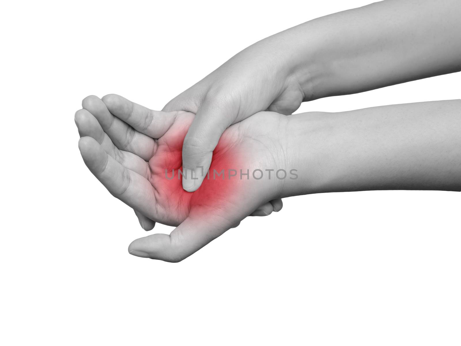 woman suffering from pain in hand. mono tone highlight at hand isolated on white background. health care and medical concept by asiandelight