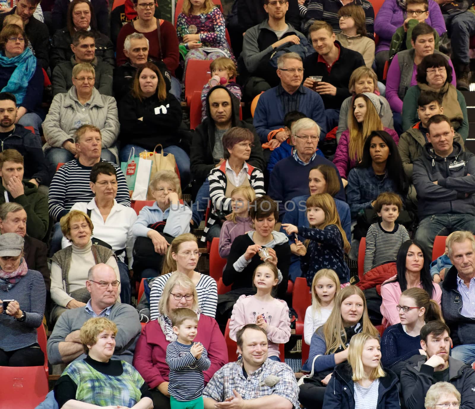 Berlin, Germany, January 21,2018: Audience in a grandstand at an event in a hall