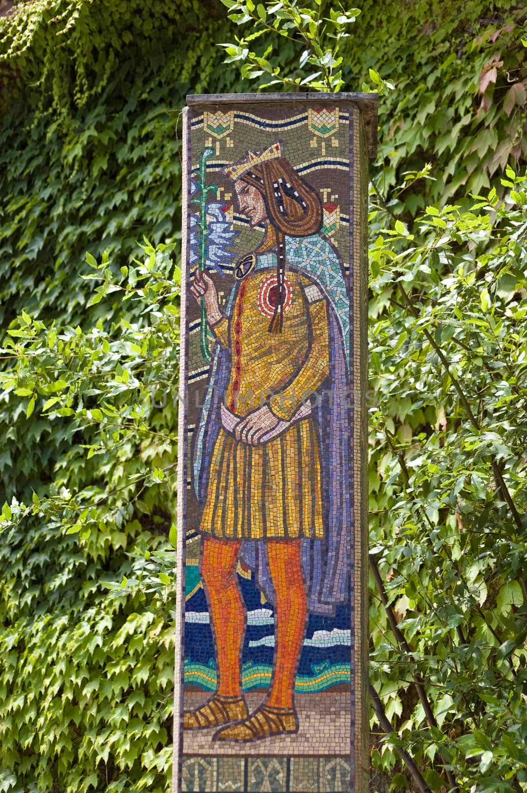 Mosaic showing the Hungarian Saint Imre Herczeg. Created in 1909 and on public display outside the Hungarian Pavilion in Venice Giardini ever since.