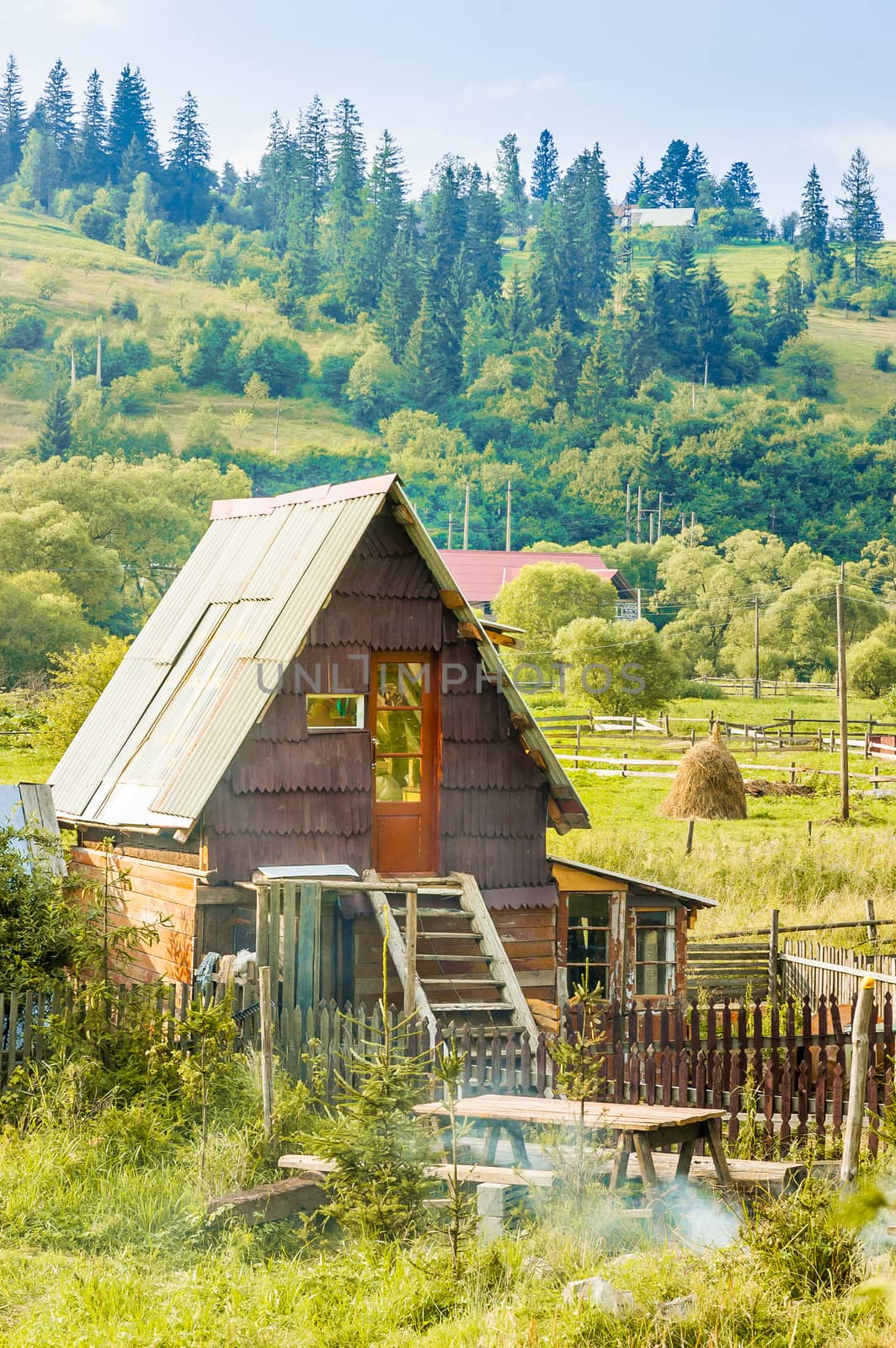 Little wooden hut in Slavska a little town of the Ukrainian Carpathian Mountains
