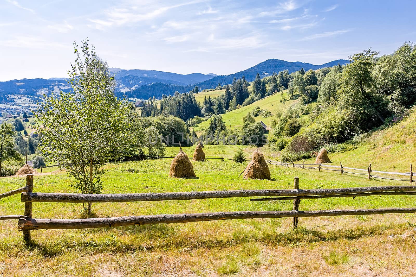 A view from the ukrainian Carpathian Mountains, haystacks behind a fence in the meadow