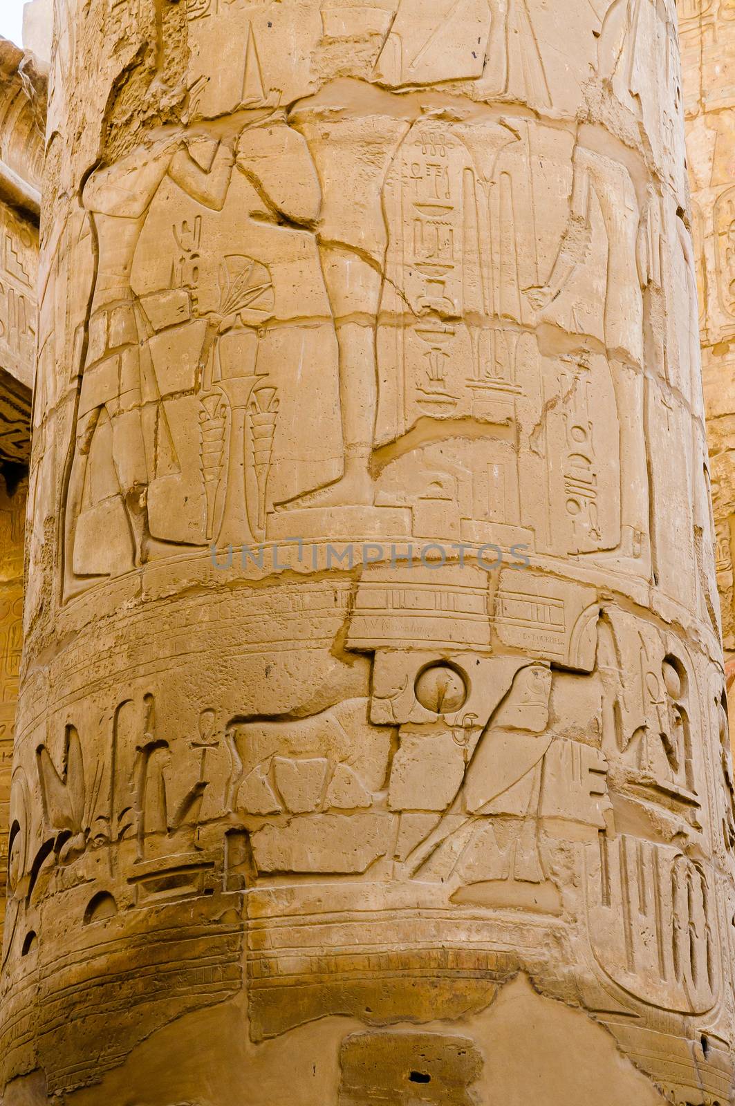 Columns' detail in the Karnak temple in Luxor, Egypt. Hieroglyphs