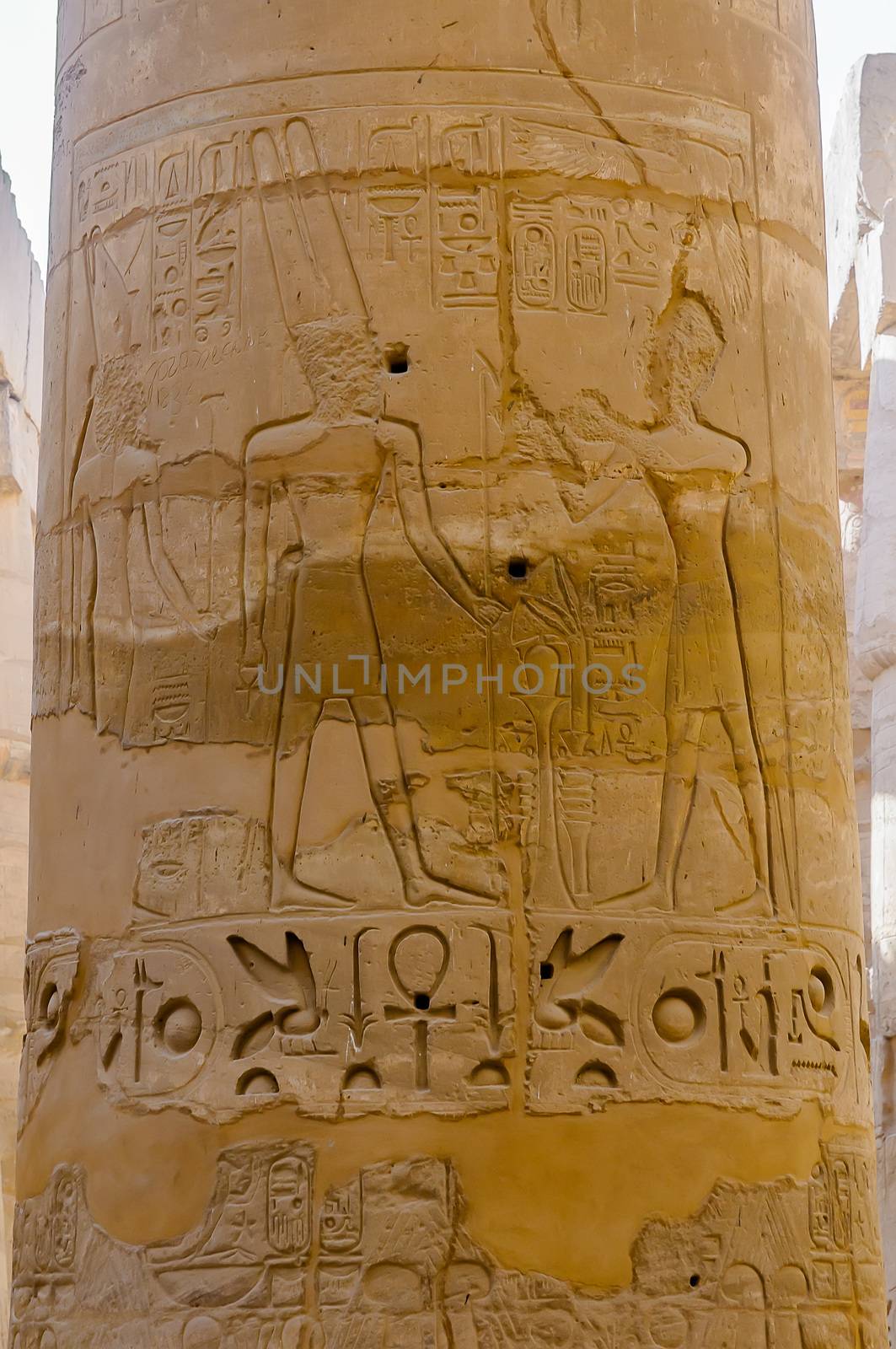 Columns' detail in the Karnak temple in Luxor, Egypt. Hieroglyphs