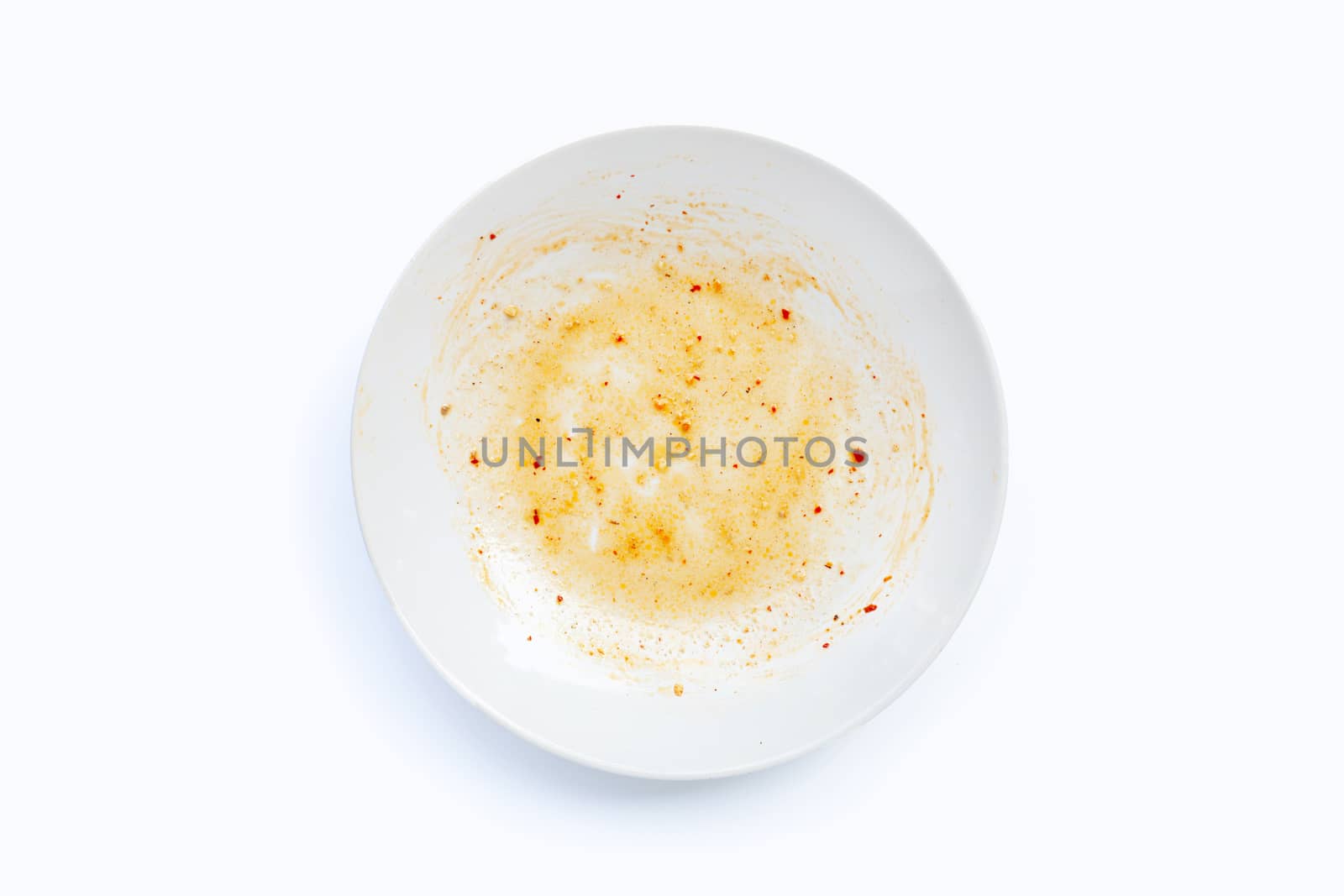 Dirty dish on white background. Top view