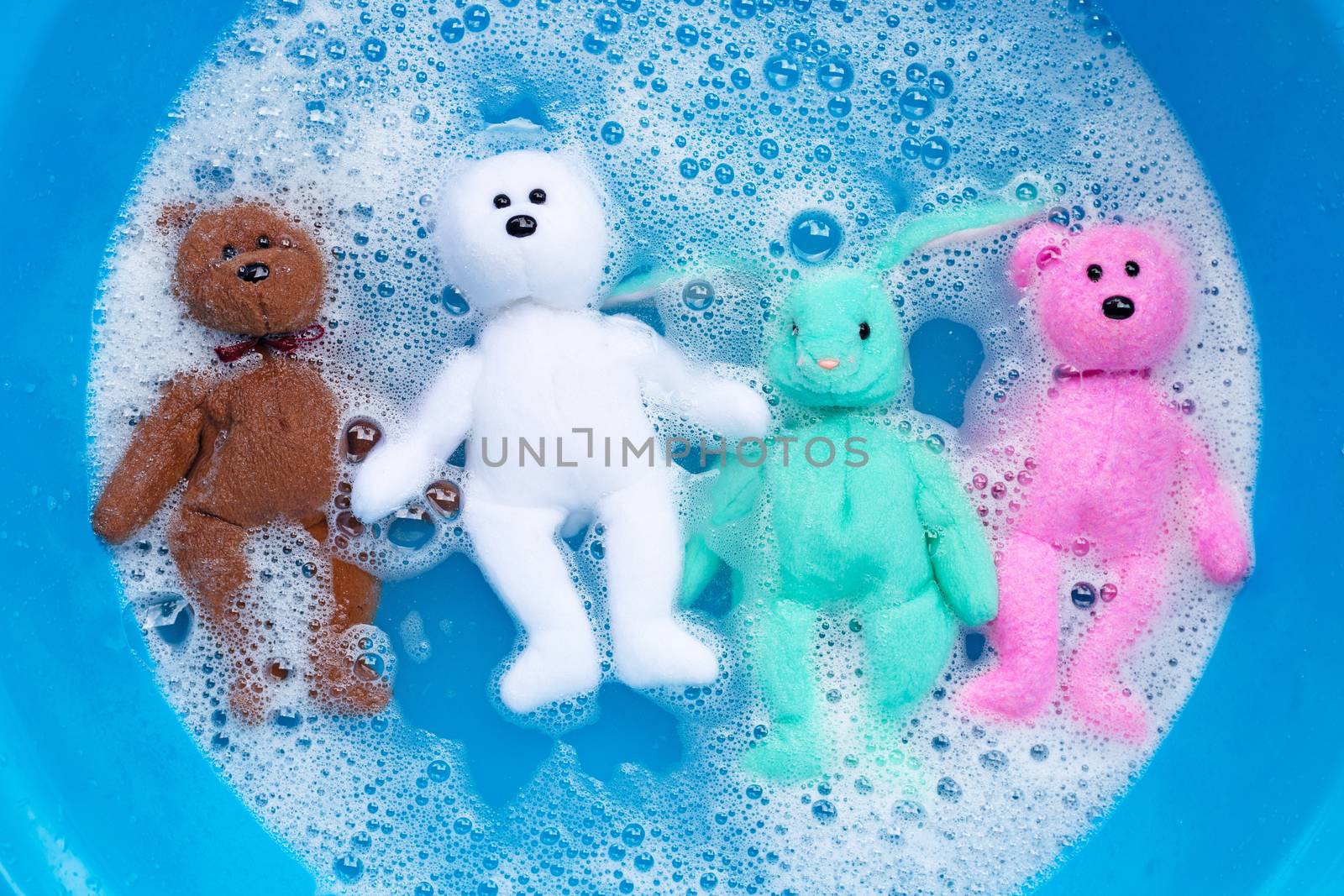 Soak rabbit dolls with  bear toys in laundry detergent water dis by Bowonpat