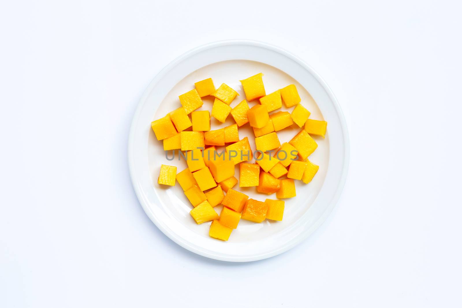 Tropical fruit, Mango cube slices on white background.