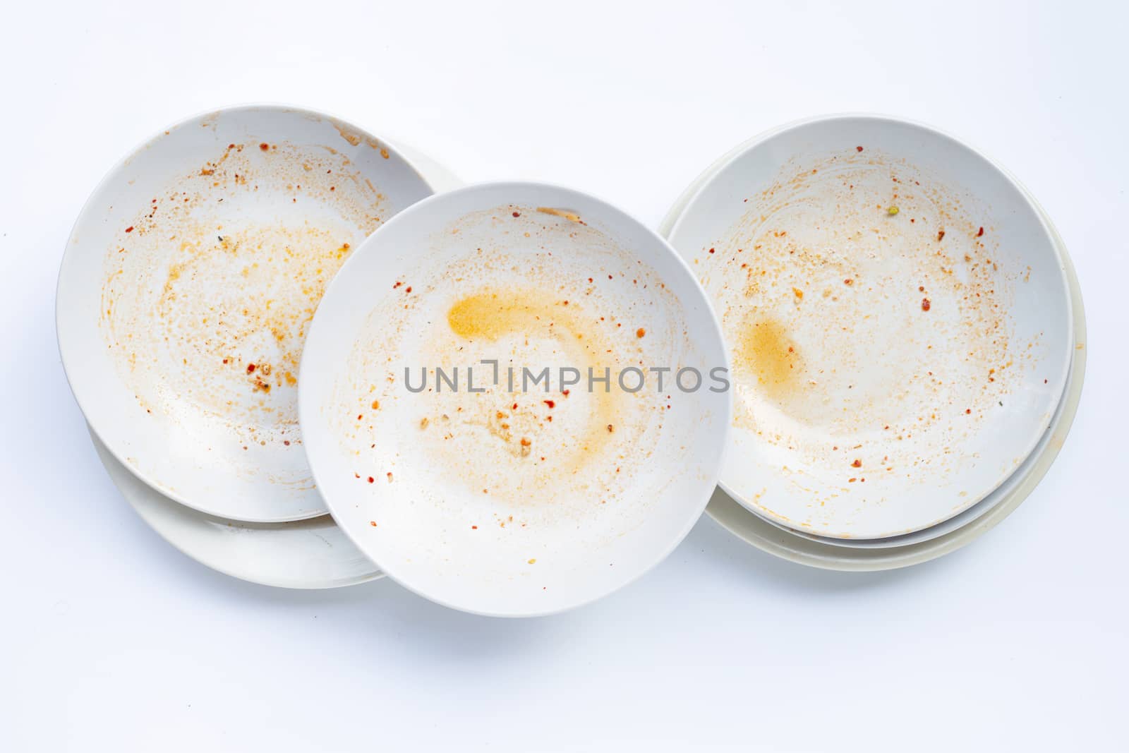 Dirty dishes on white background. Top view