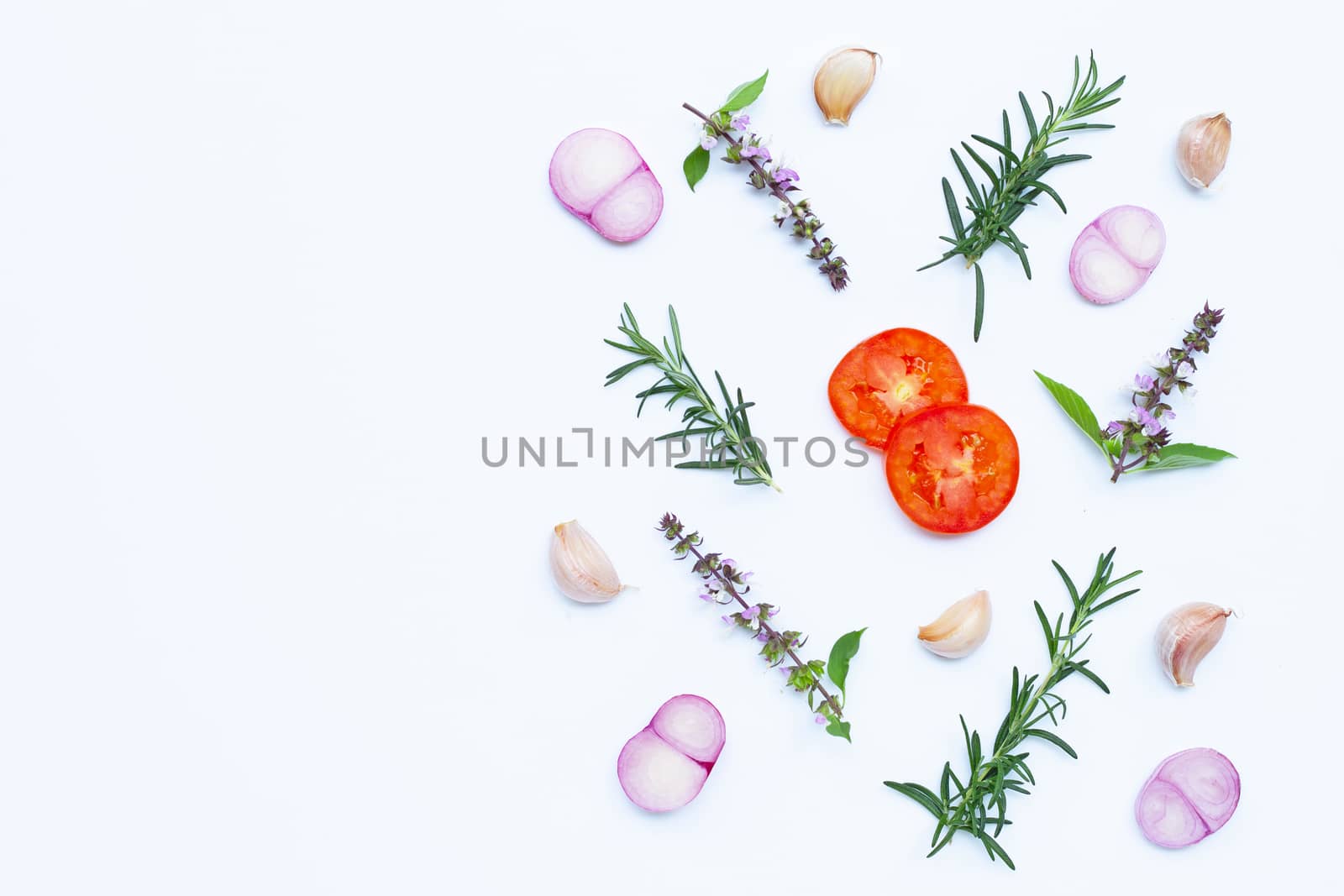 Cooking ingredients, Various fresh vegetables and herbs on white background. Healthy eating concept