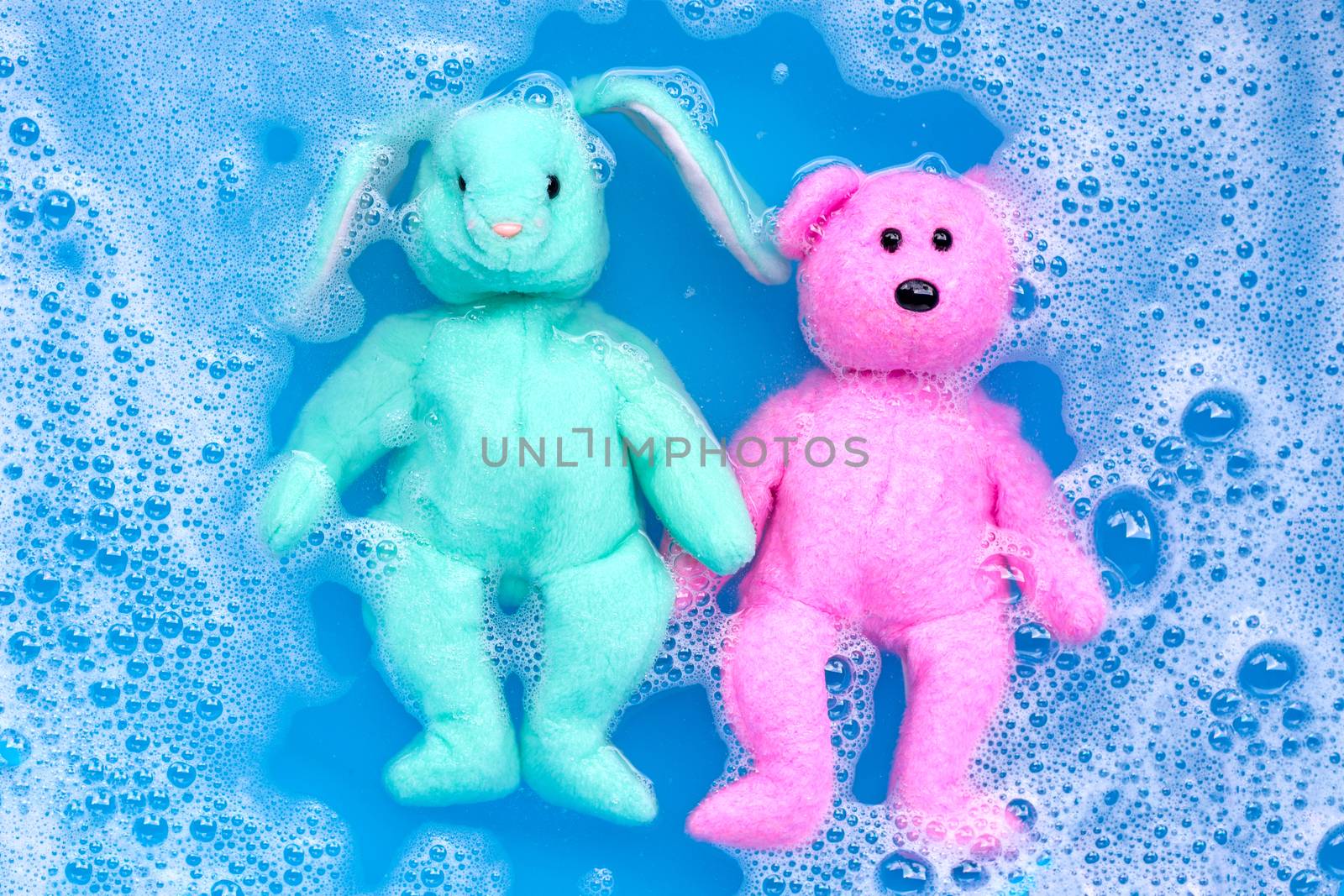 Soak rabbit doll with  toy teddy bear in laundry detergent water dissolution before washing.  Laundry concept, Top view