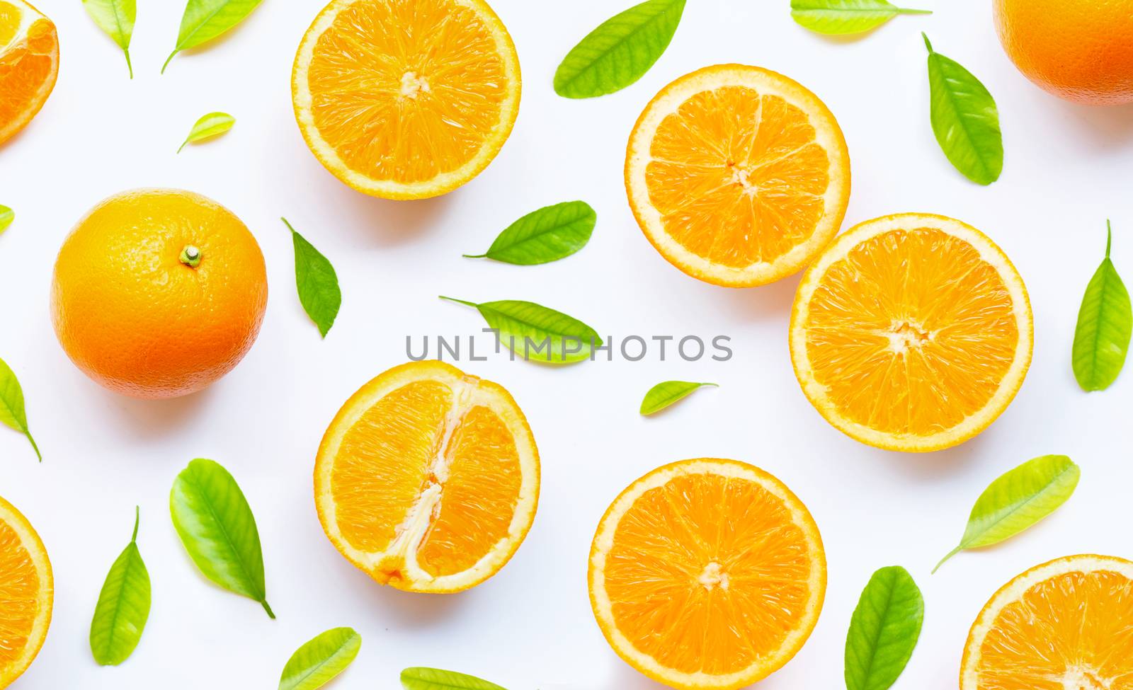 High vitamin C, Juicy and sweet. Fresh orange fruit with green leaves  on white background
