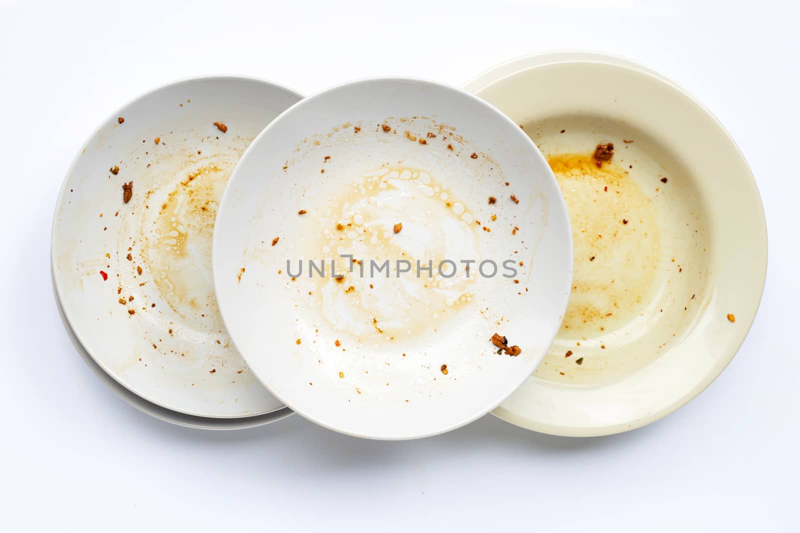 Dirty dishes on white background. Top view