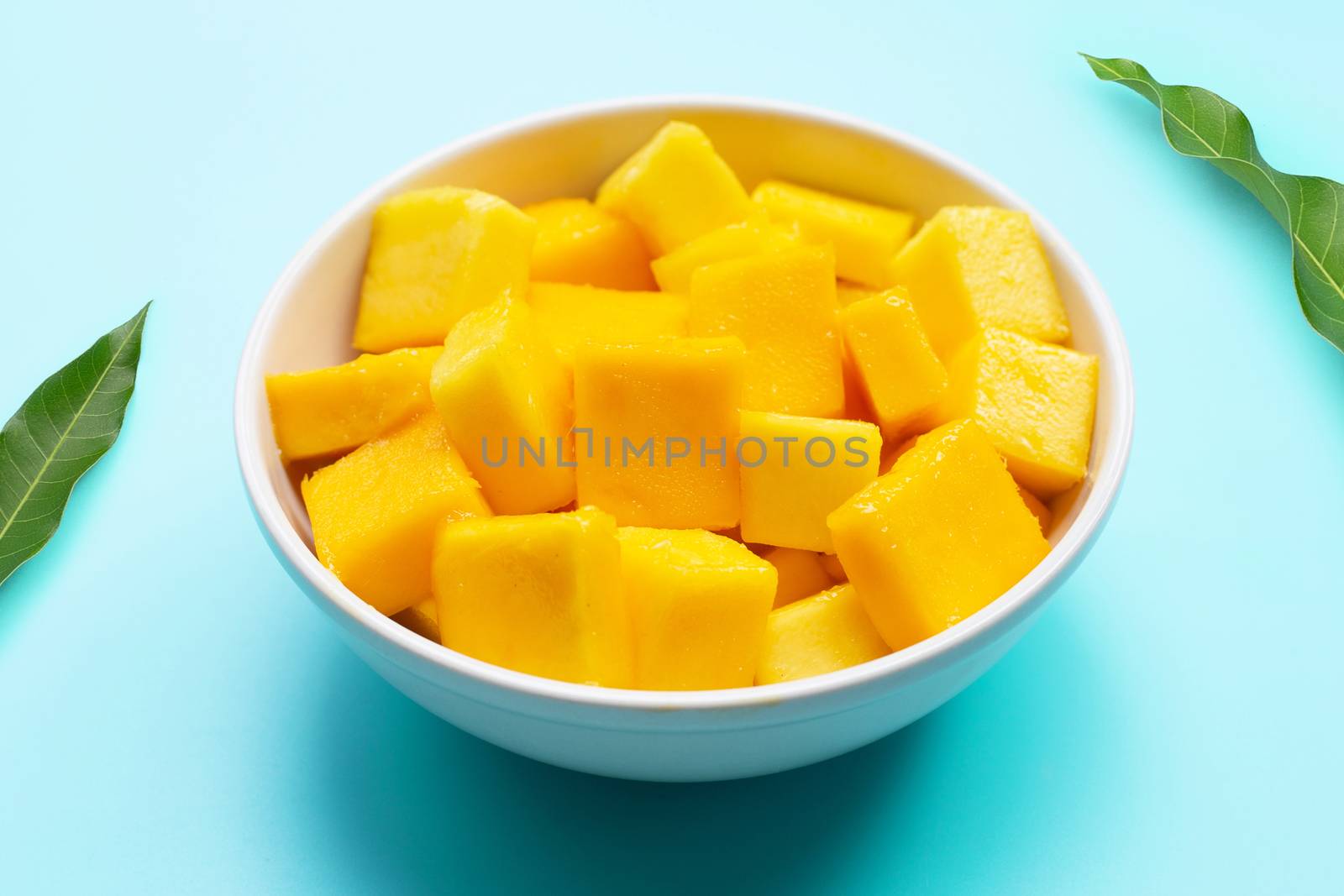 Tropical fruit, Mango cube slices in white bowl on blue background.