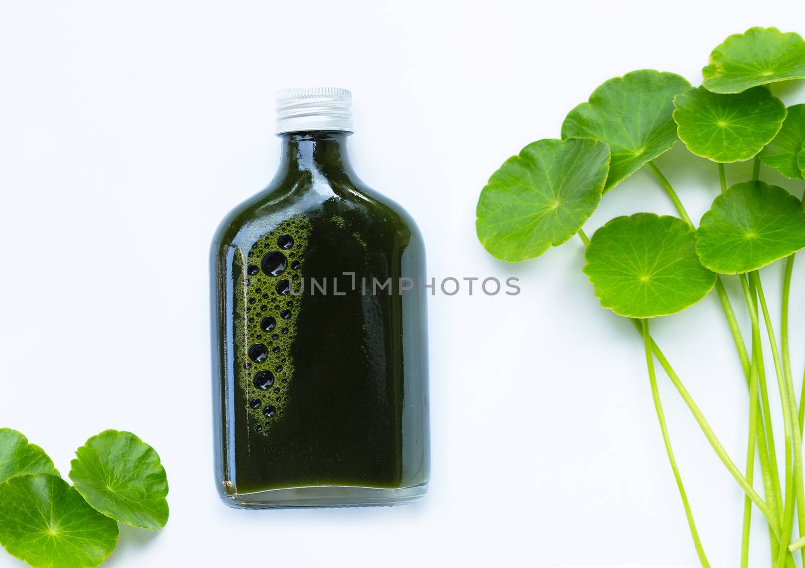Herbal juice bottle, Fresh green centella asiatica leaves or water pennywort plant or gotu kola. Healthy drinks concept