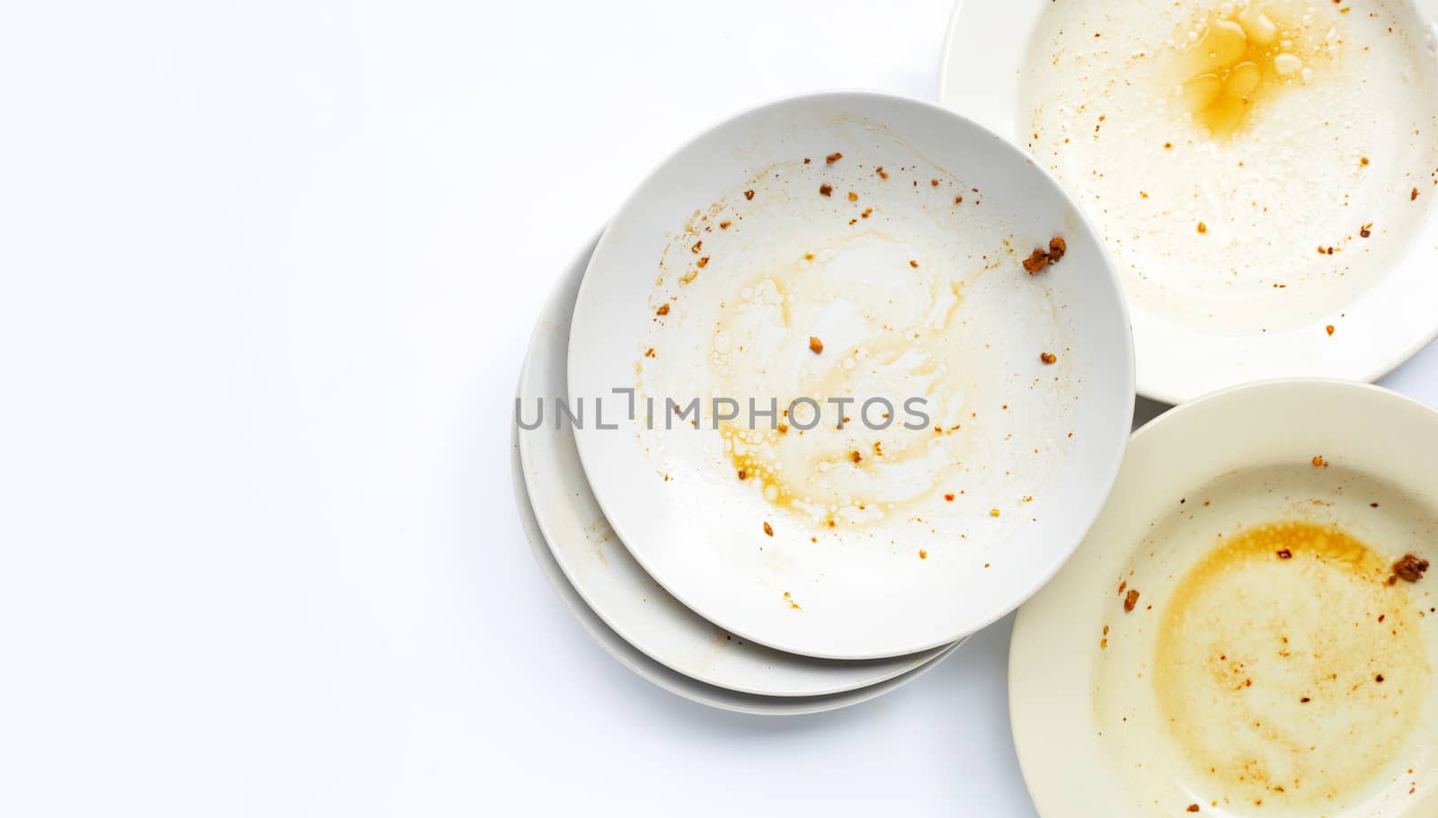 Dirty dishes on white background. Top view