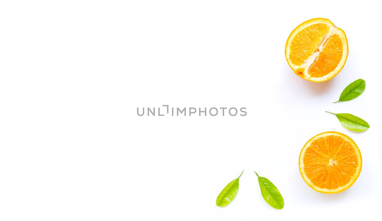 High vitamin C, Juicy and sweet. Fresh orange fruit with green leaves  on white background