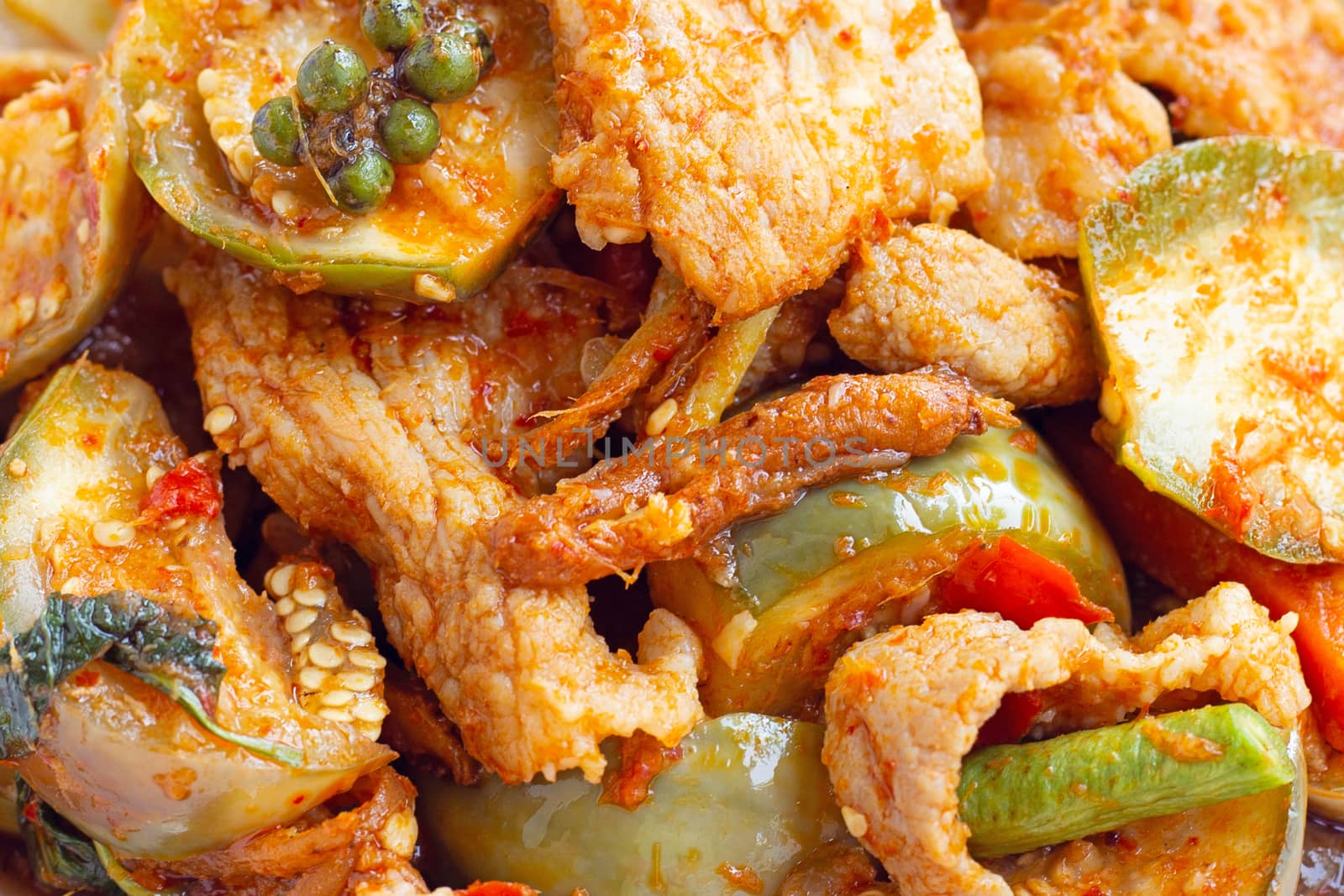 Thai food, Hot and spicy stir-fried pork with herbs. Close up