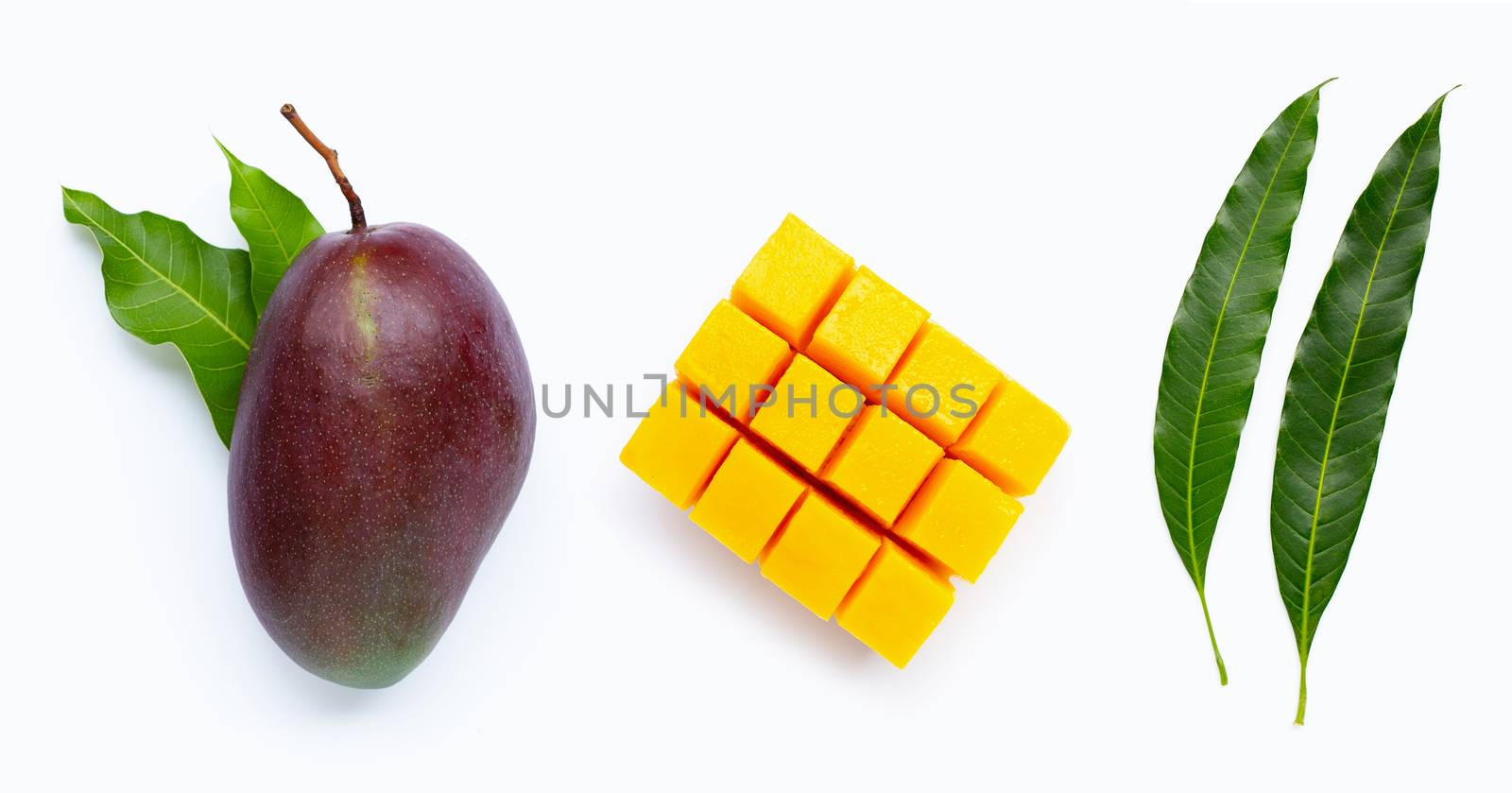 Mango, Tropical fruit with leaves on white background. Top view