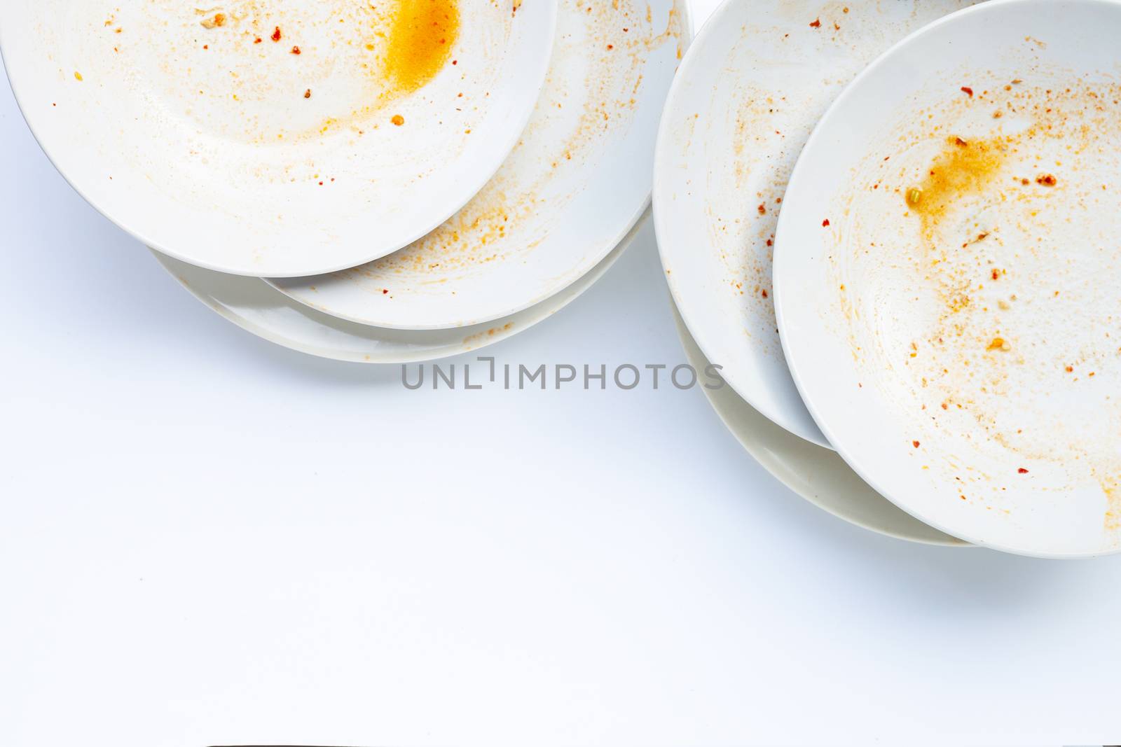 Dirty dishes on white background. Copy space