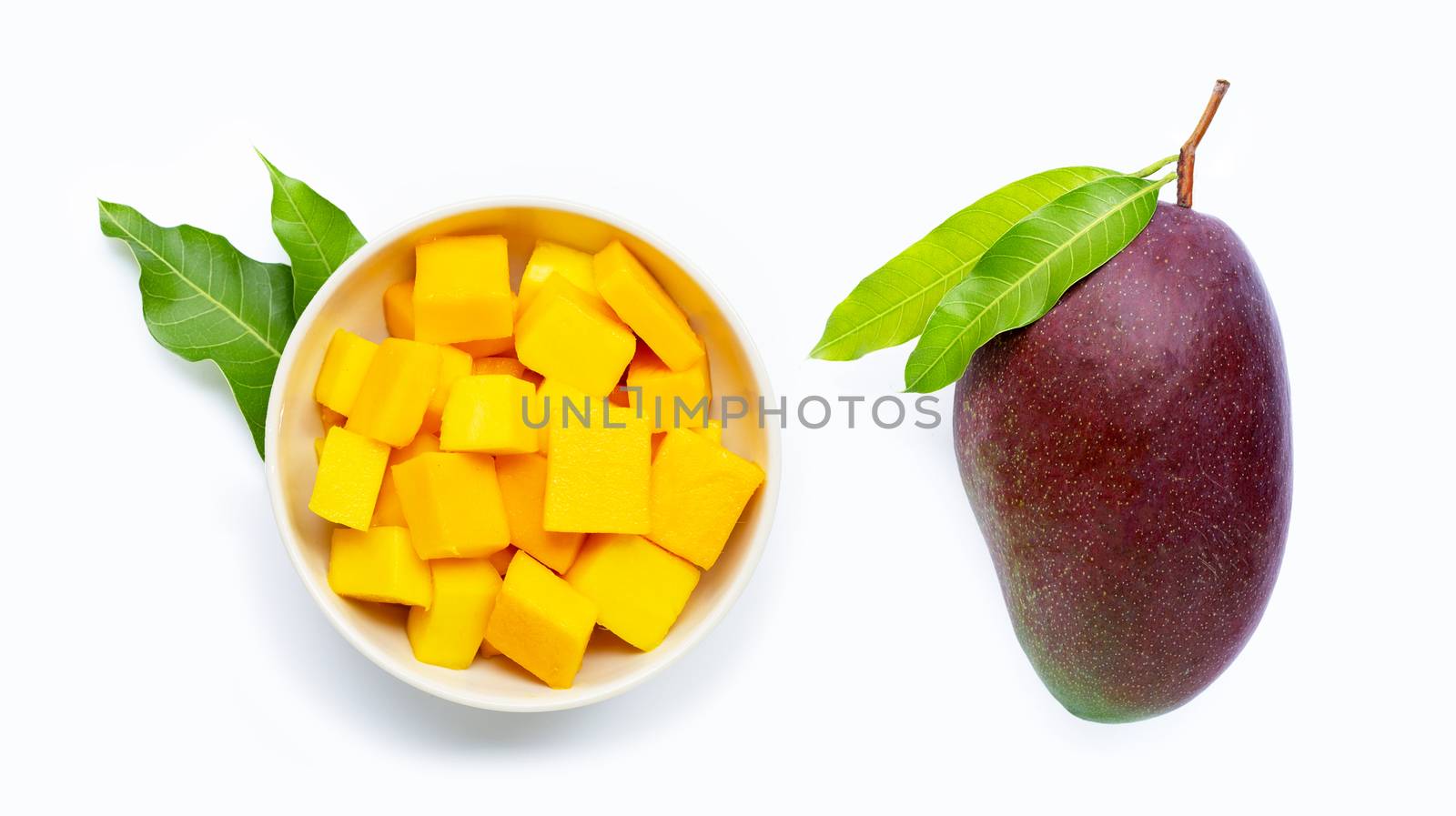 Mango, Tropical fruit with leaves on white background. Top view