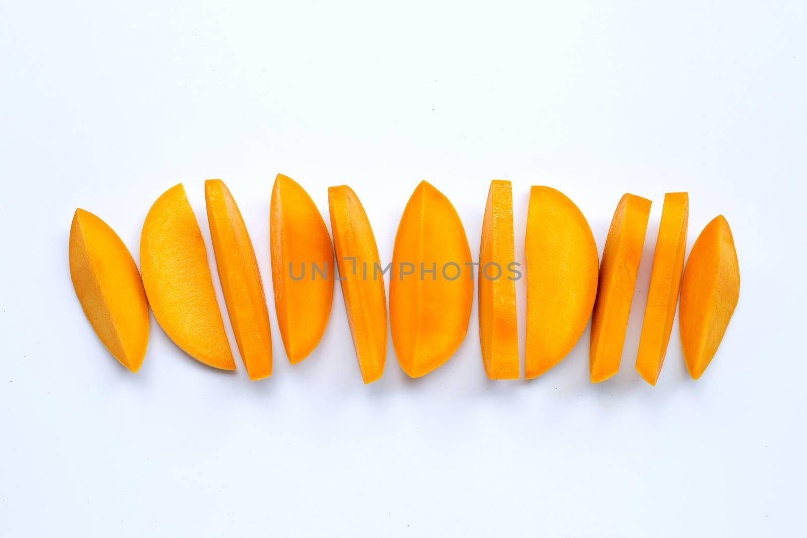 Tropical fruit, Mango slices  on white background. Top view
