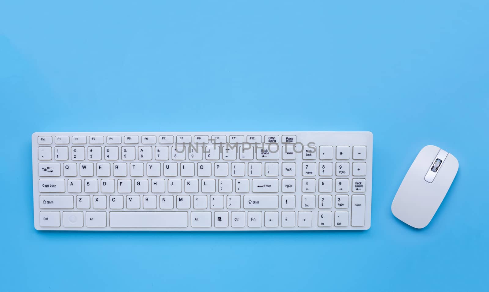 White computer keyboard and mouse on blue background. Copy space