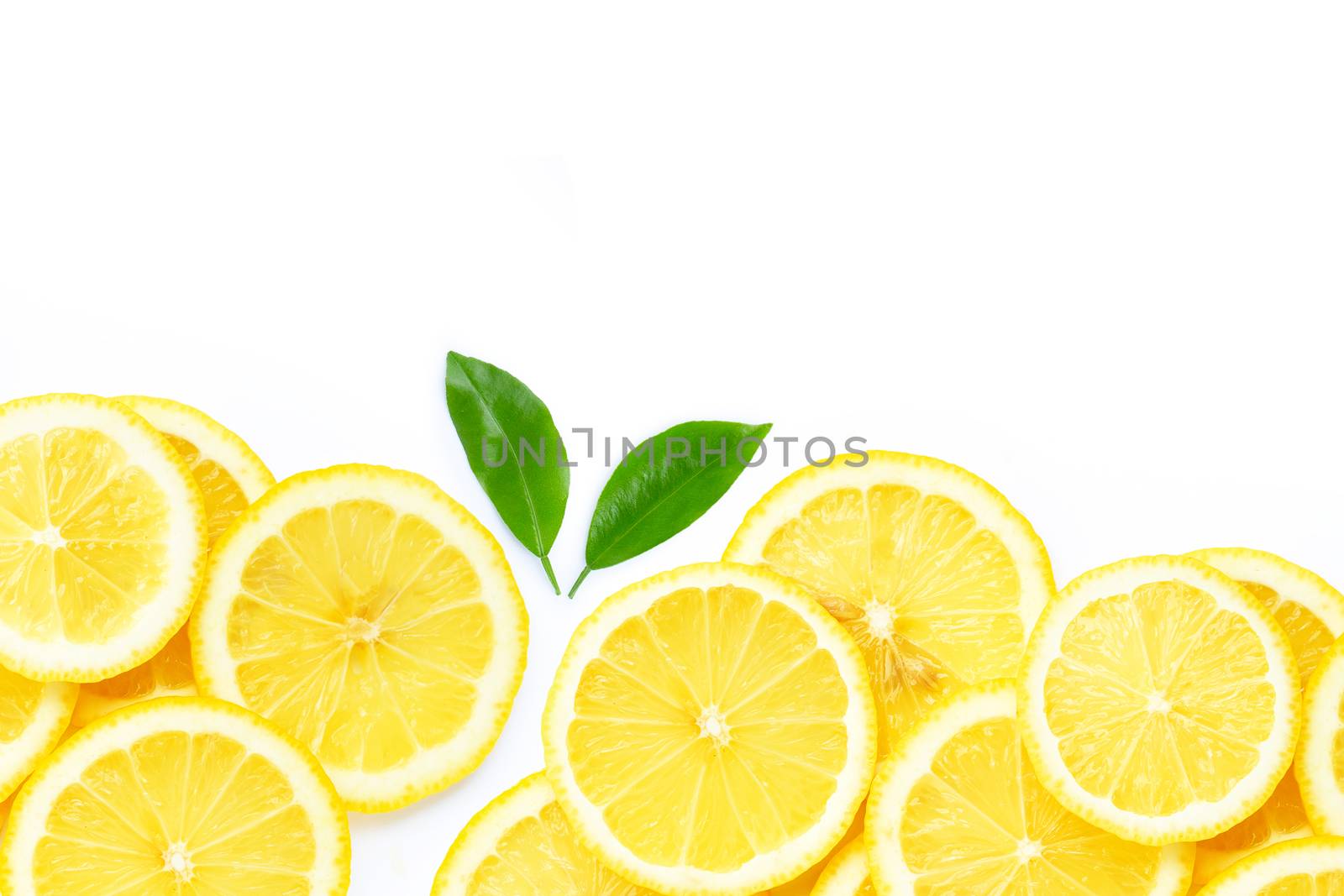 Fresh lemon slices isolated on white background.