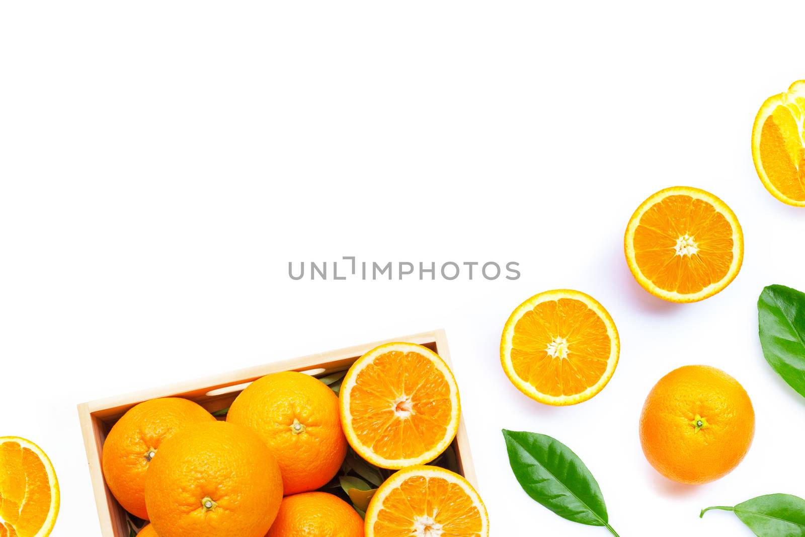 High vitamin C, Juicy and sweet. Fresh orange fruit on white background. Copy space