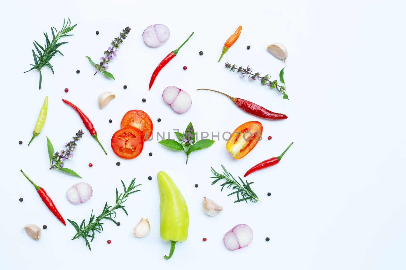 Cooking ingredients, Various fresh vegetables and herbs on white background. Healthy eating concept
