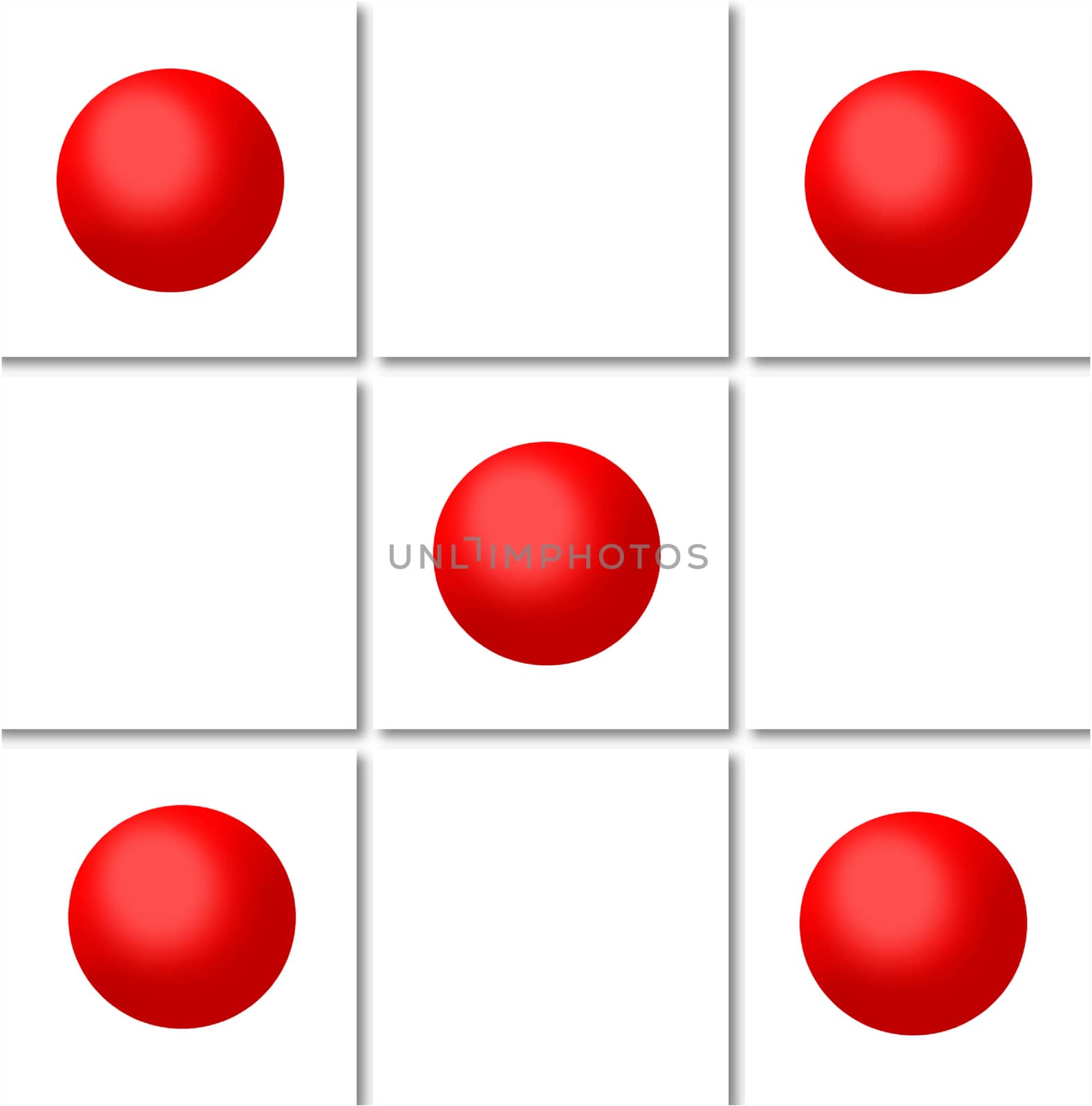 A pattern made of images of red 3 D spheres on white tiles. Illustration art.