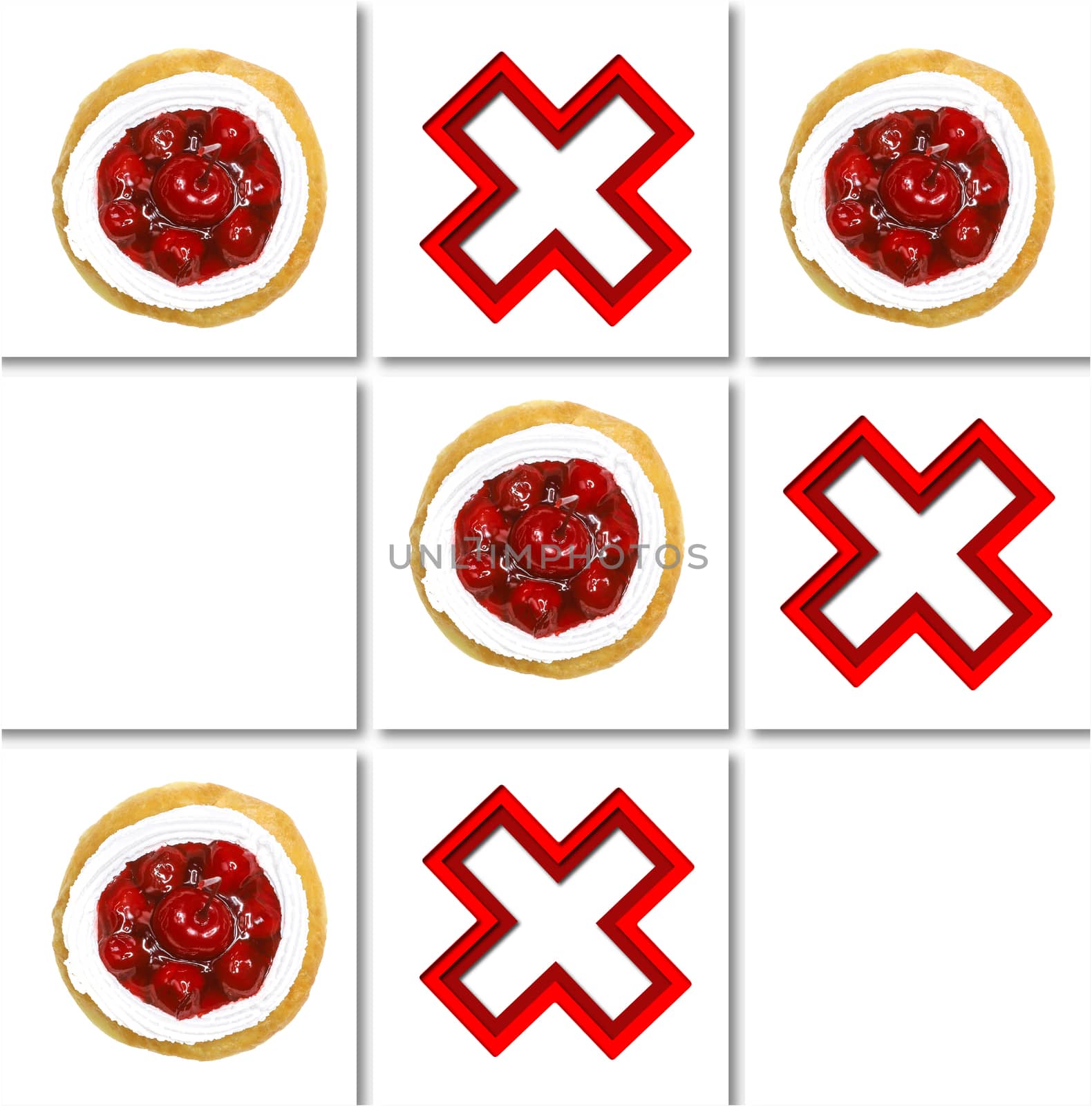 A pattern made of images of layered cross shapes and donut on white tile background. Illustration art concept of food stuff tic tac toe.