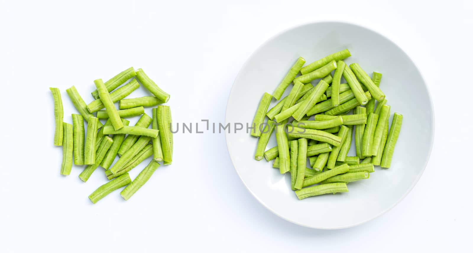 Yard Long bean on white background. Top view