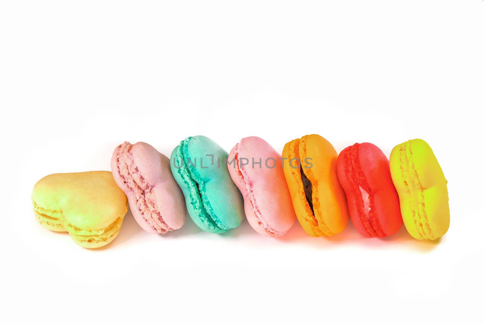 assortments of pastel color heart-shaped macaroons on white background, love, romance, anniversary, marriage, gift, Valentines' Day concept