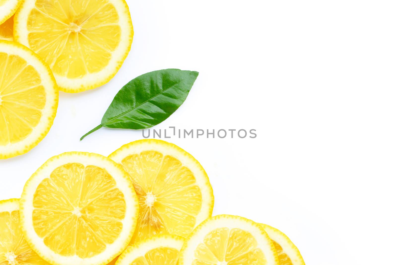 Fresh lemon slices isolated on white background.