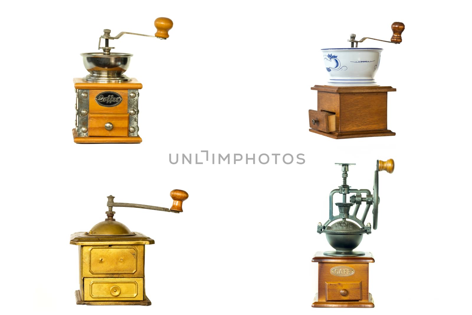 a collection of vintage coffee grinders in wood, ceramic, and metal, isolated on white background