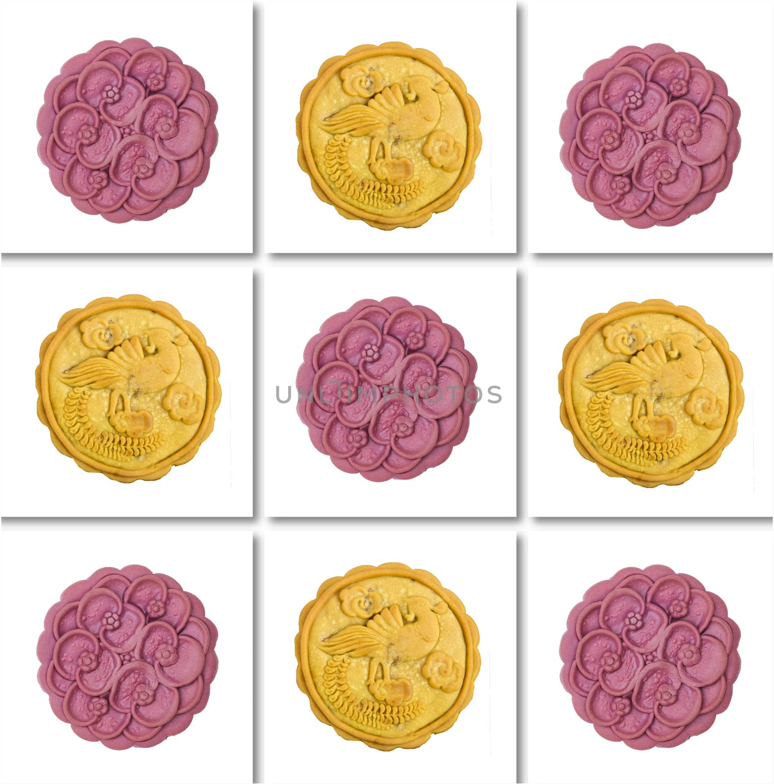 Traditional (beans, nuts and preserved fruits) versus non-traditional (sweet purple japanese yam) moon cakes on white tiles. Illustration art.