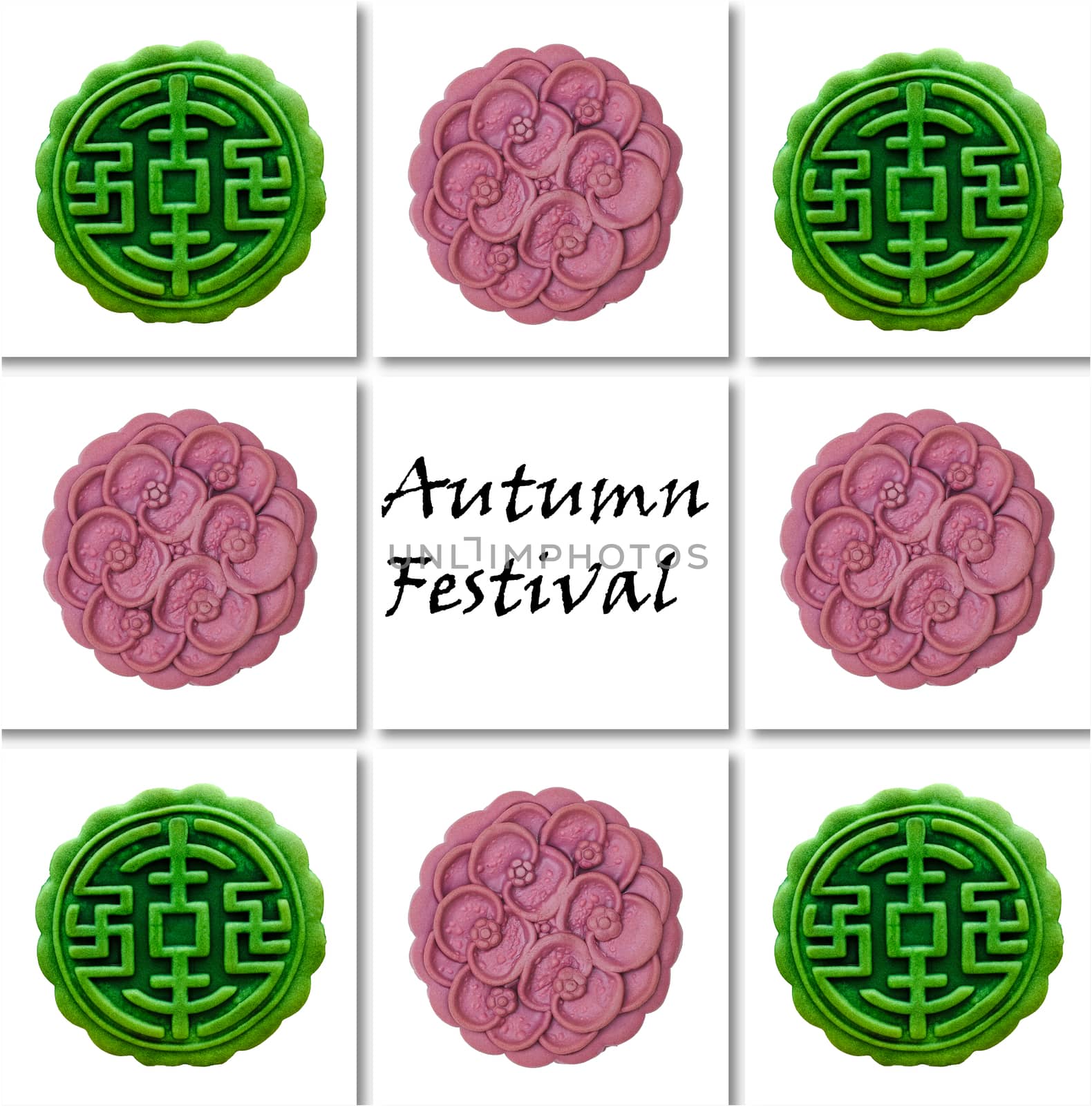 Green tea and japanese yam moon cakes with texts on white tiles background. Autumn Festival. October fest. Chinese celebration. Illustration art.