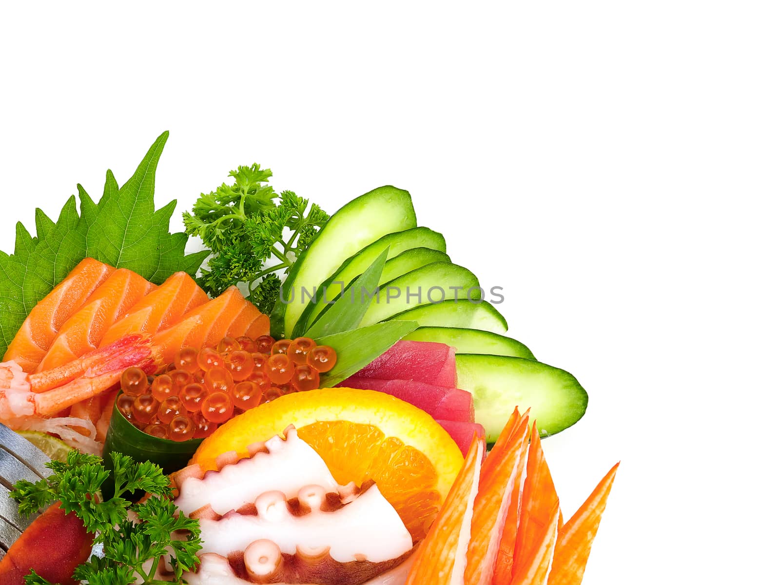 Assortment of raw sea food set or shashimi in Japanese, isolated on white background