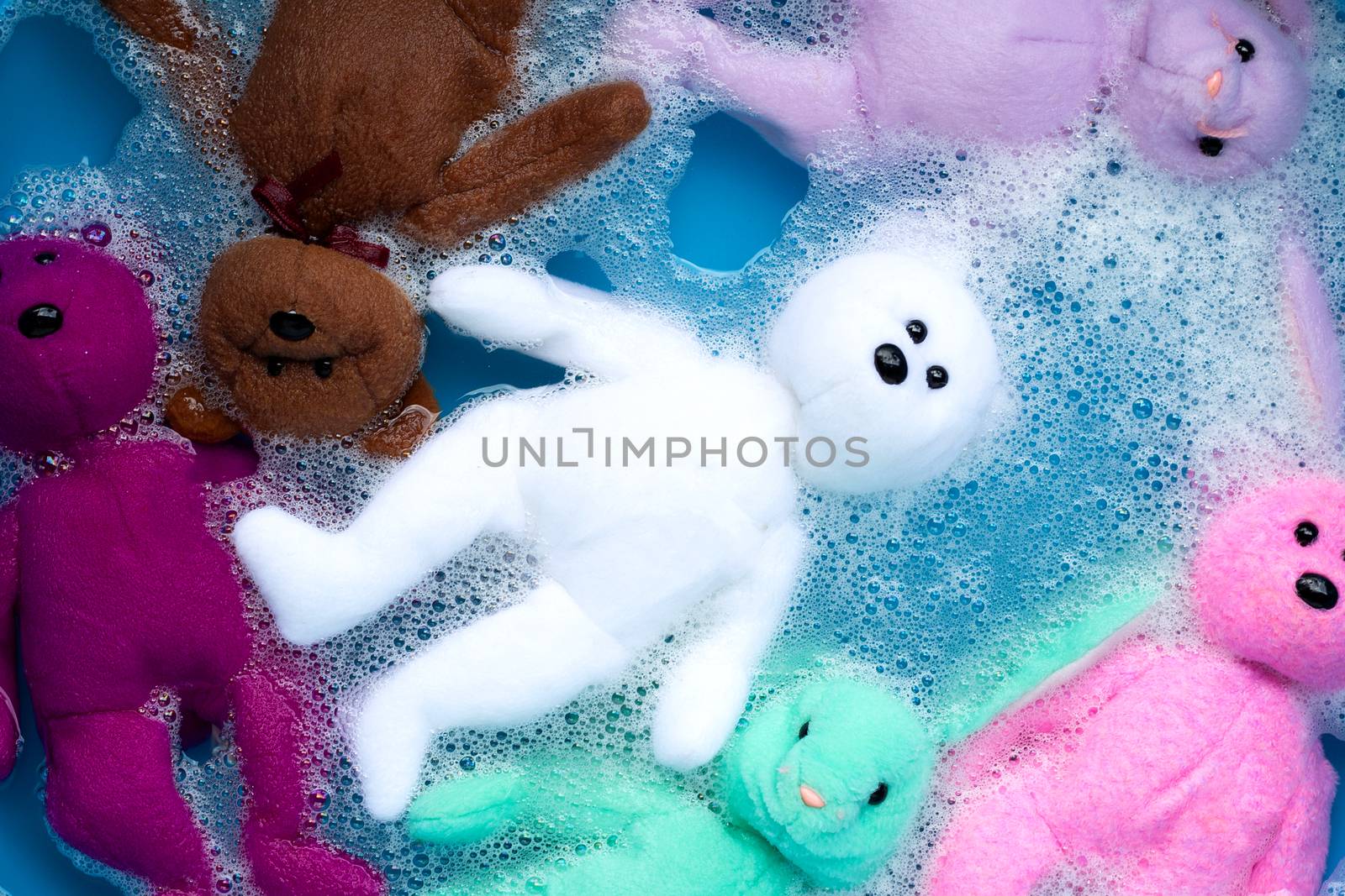 Soak toy teddy bear in laundry detergent water dissolution before washing.  Laundry concept